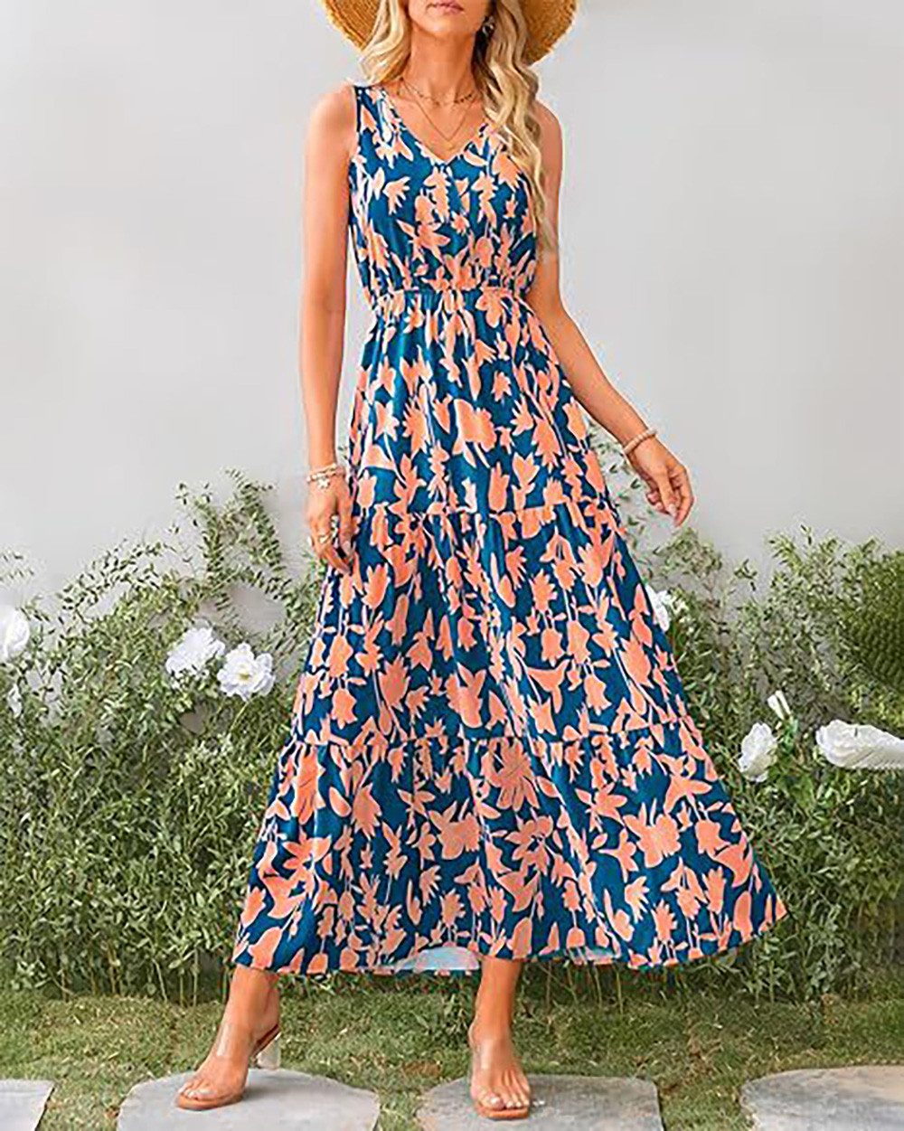 BlauWave Druckkleid Lässiges, ärmelloses Kleid mit V-Ausschnitt und elastischer Taille (Bequeme Passform, 1-tlg., Für den Alltag unterwegs) Niedliches langes Sommerkleid mit Blumenmuster