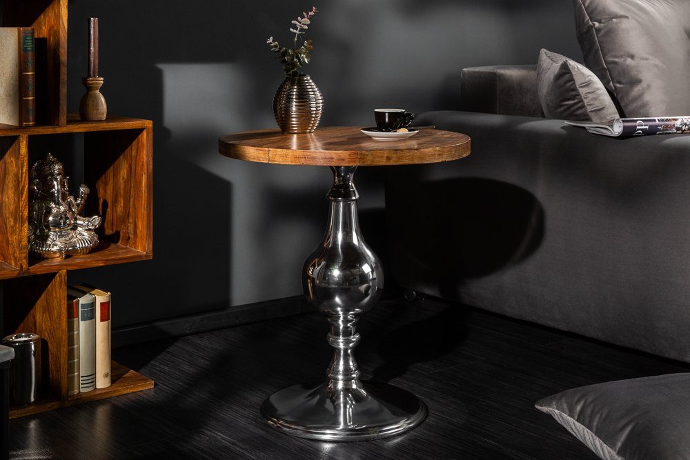 riess-ambiente Beistelltisch EXTRAVAGANCIA 60cm natur / silber (Einzelartikel, 1-St), Wohnzimmer · Mango-Massivholz · rund · Säulenfuß aus Metall · Design