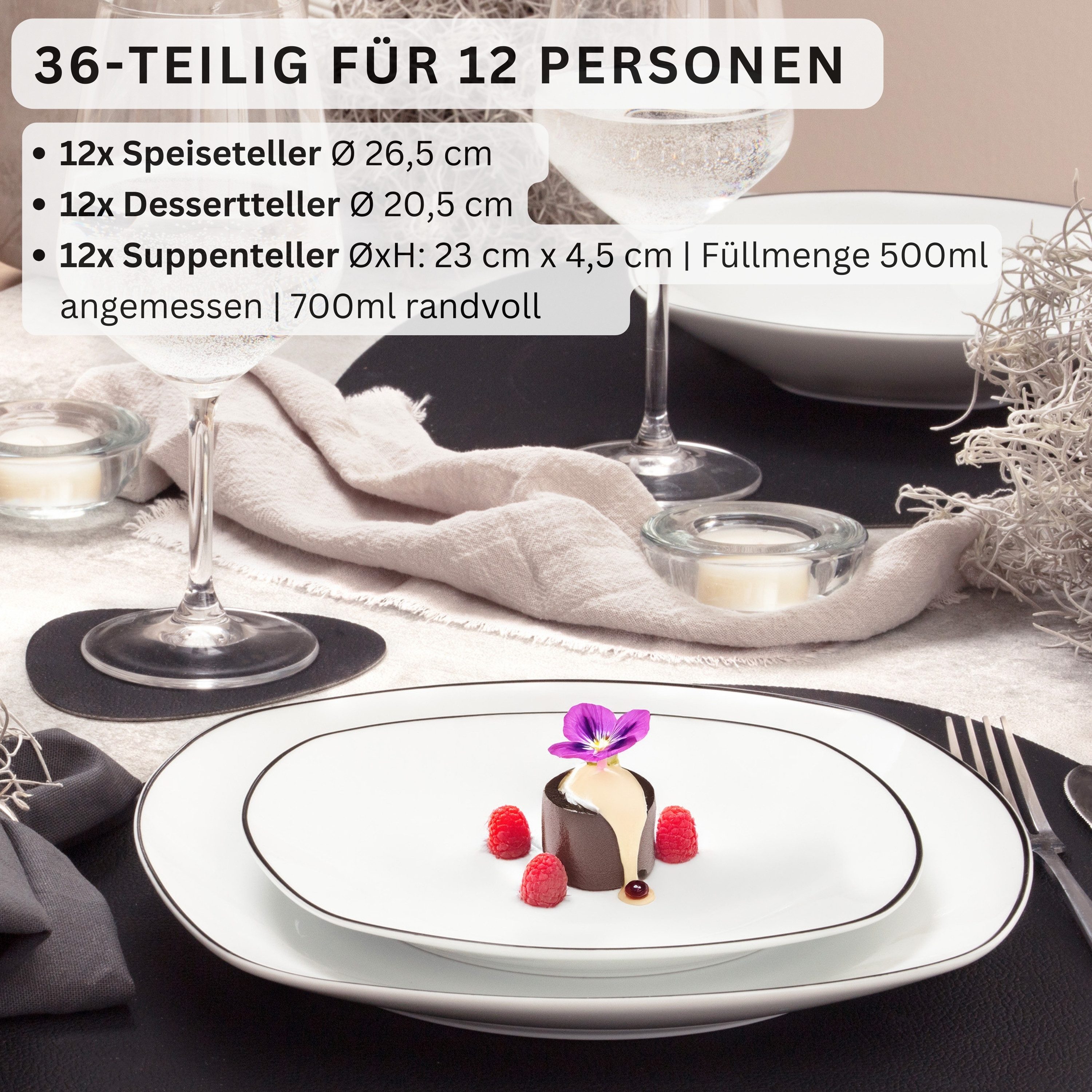 SÄNGER Tafelservice Bilgola Black Rim (36-tlg), 12 Personen, Porzellan, Weiß mit schwarzen Akzenten, spülmaschinenfest, Premium Collection – Bild 2 von 5