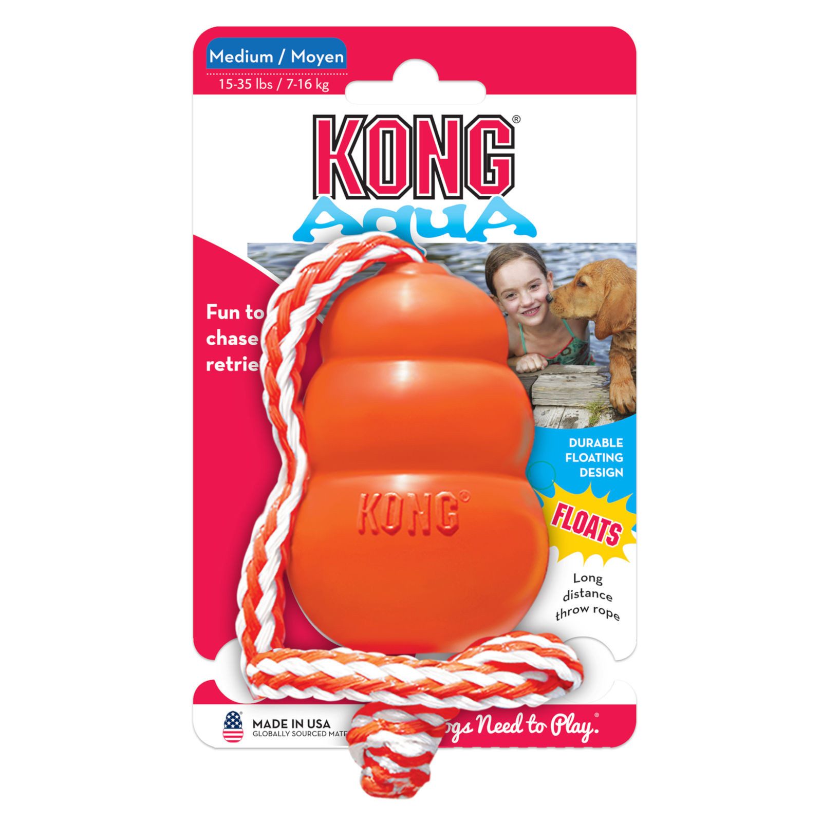 KONG Kauspielzeug Aqua M, orange mit Seil - Kauspielzeug aus Naturkautschuk für Hunde