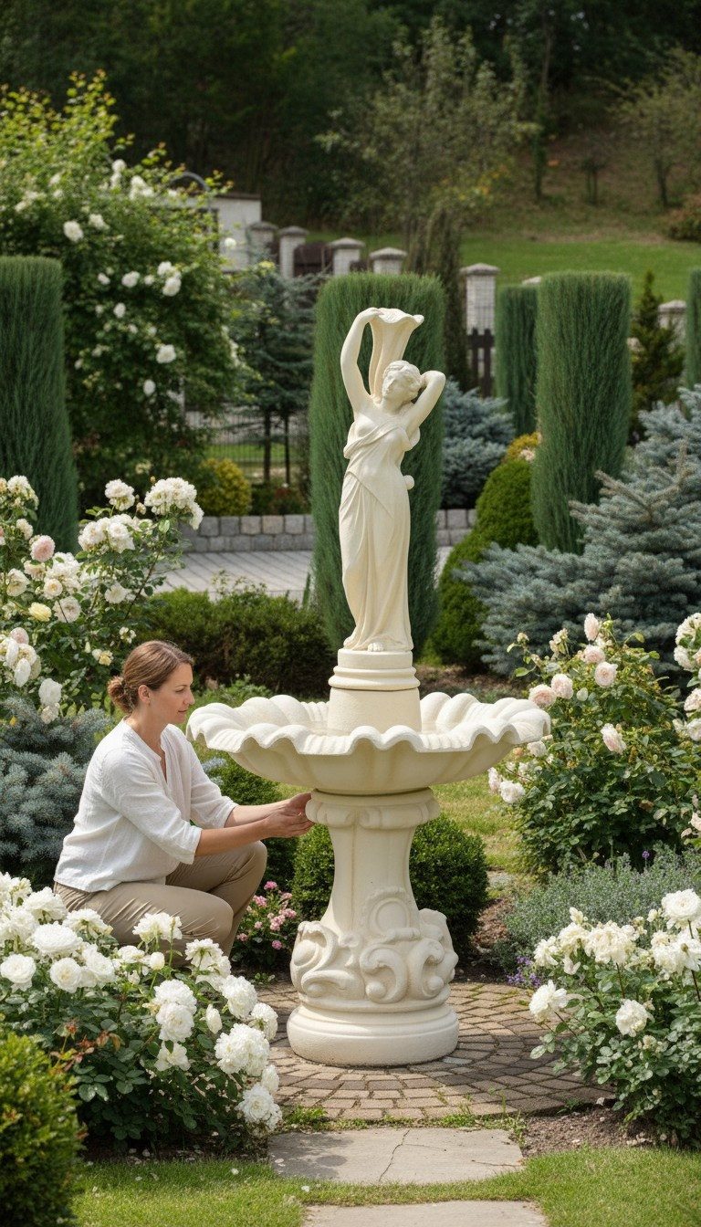 Xlmoebel Gartenbrunnen Handgefertigter Steinbrunnen mit kunstvollem Gartendesign Sofort