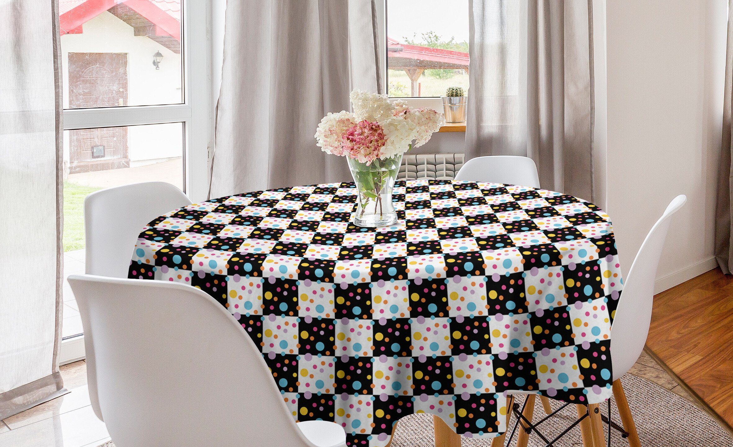 Abakuhaus Tischdecke Kreis Tischdecke Abdeckung für Esszimmer Küche Dekoration, Bunt Checkered Gepunktete Tile