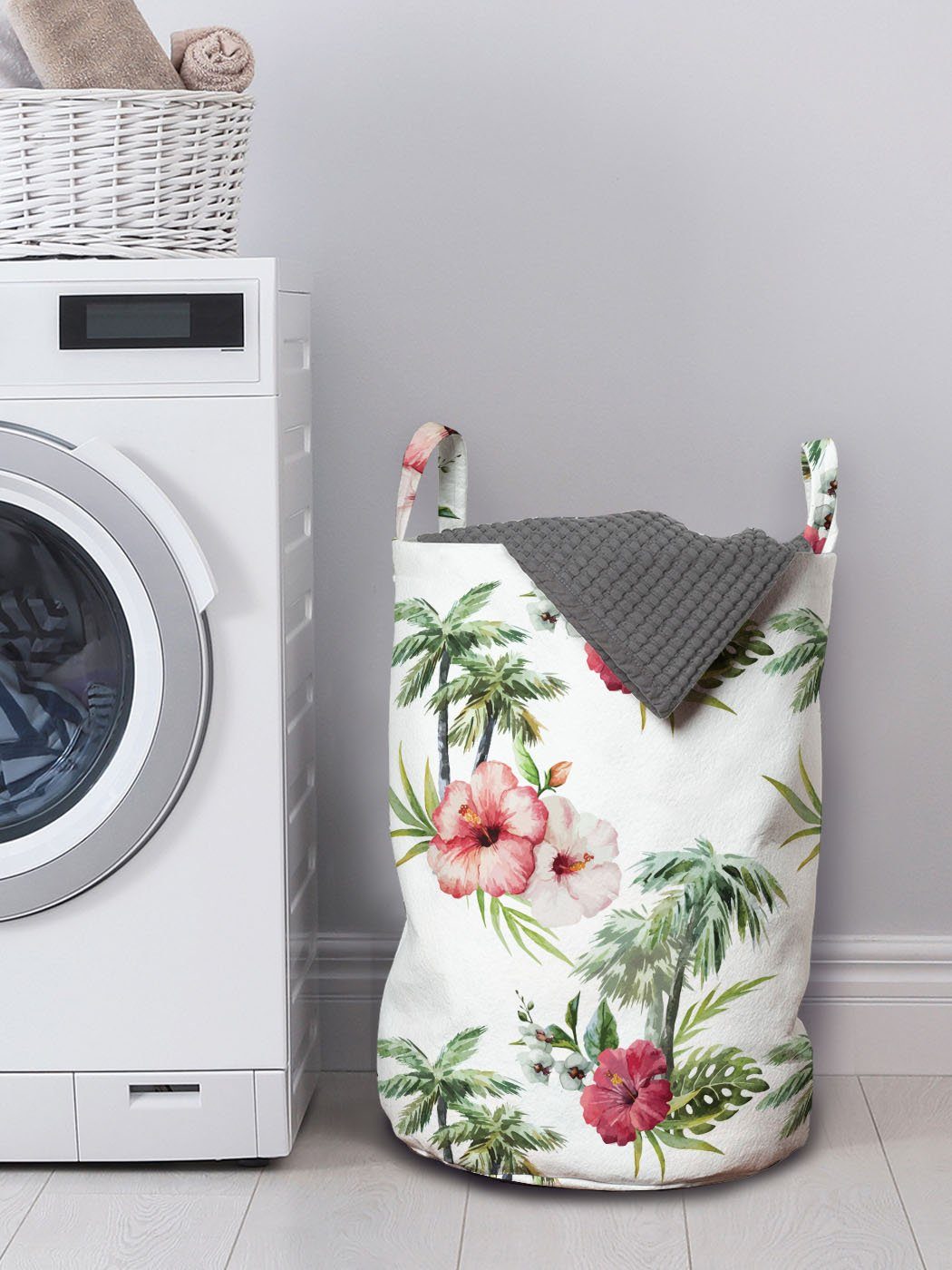 für Waschsalons, Wäschekorb Palmen Hawaii mit Kordelzugverschluss Wäschesäckchen Hibiscus Abakuhaus Griffen