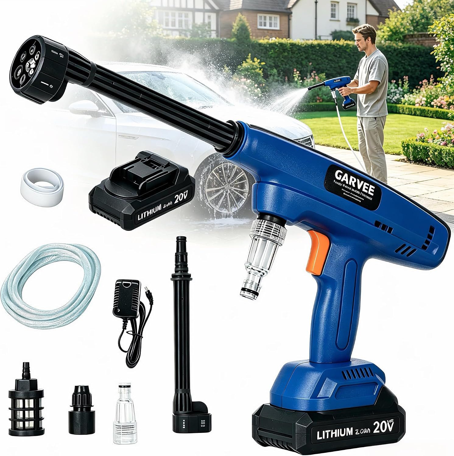 GarveeMore Hochdruckreiniger Tragbarer kabelloser 6-in-1 tragbare Puls-Wasserpistole mit Akku, für Aut, Fahrrad, Terrasse, Garten,- Inklusive Schlauch & Koffer