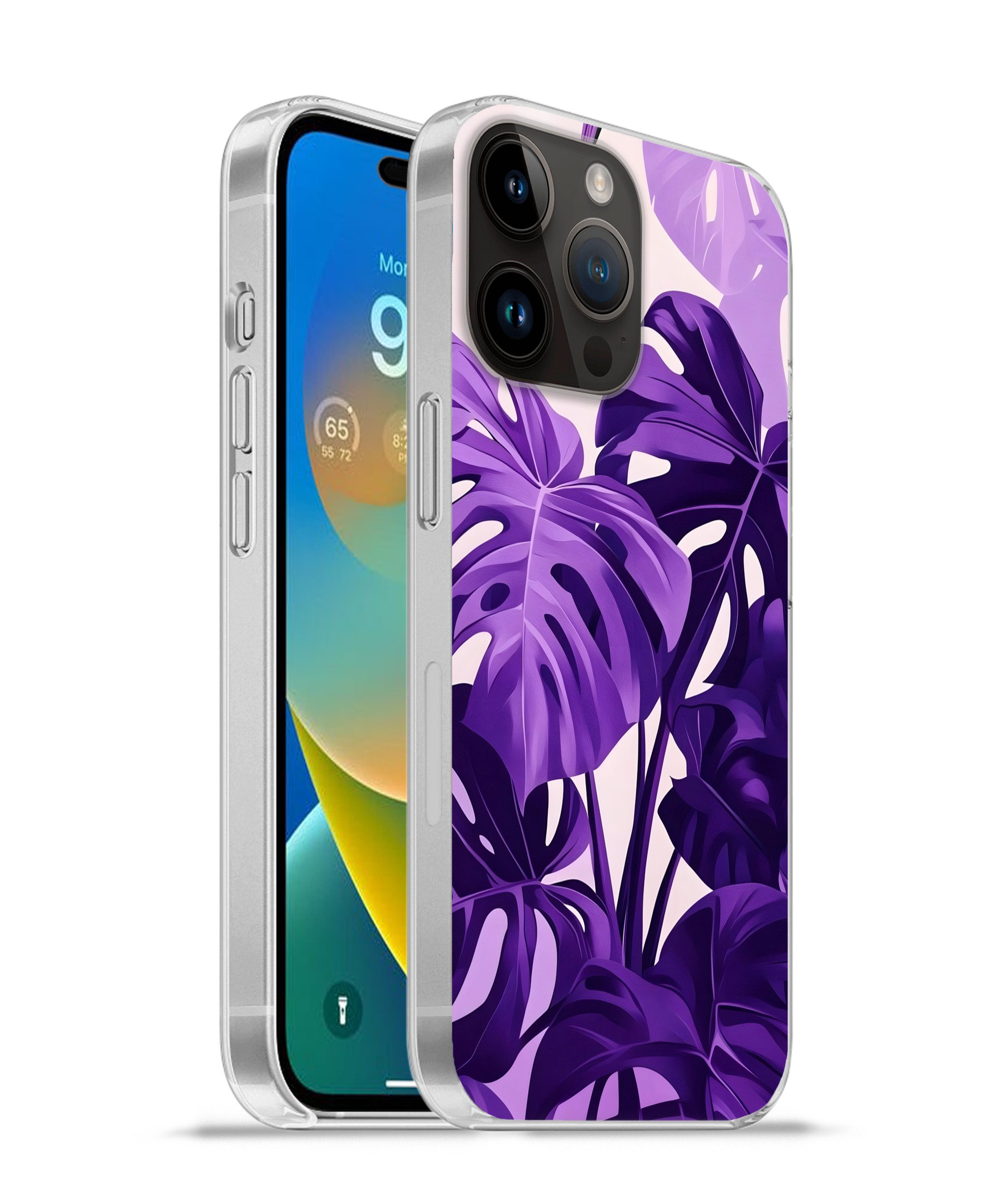 MuchoWow Handyhülle für Apple iPhone 14 Pro Blätter - Lila - Tropisch - Abstrakt, Smartphone-Bumper, Print, Handy Schutzhülle Dünn