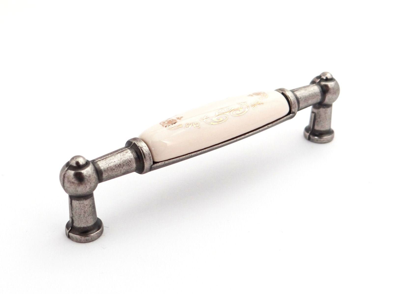 Möbelgriff Porzellangriff Landhaus BA 96 mm Altsilber / Cremefarbig