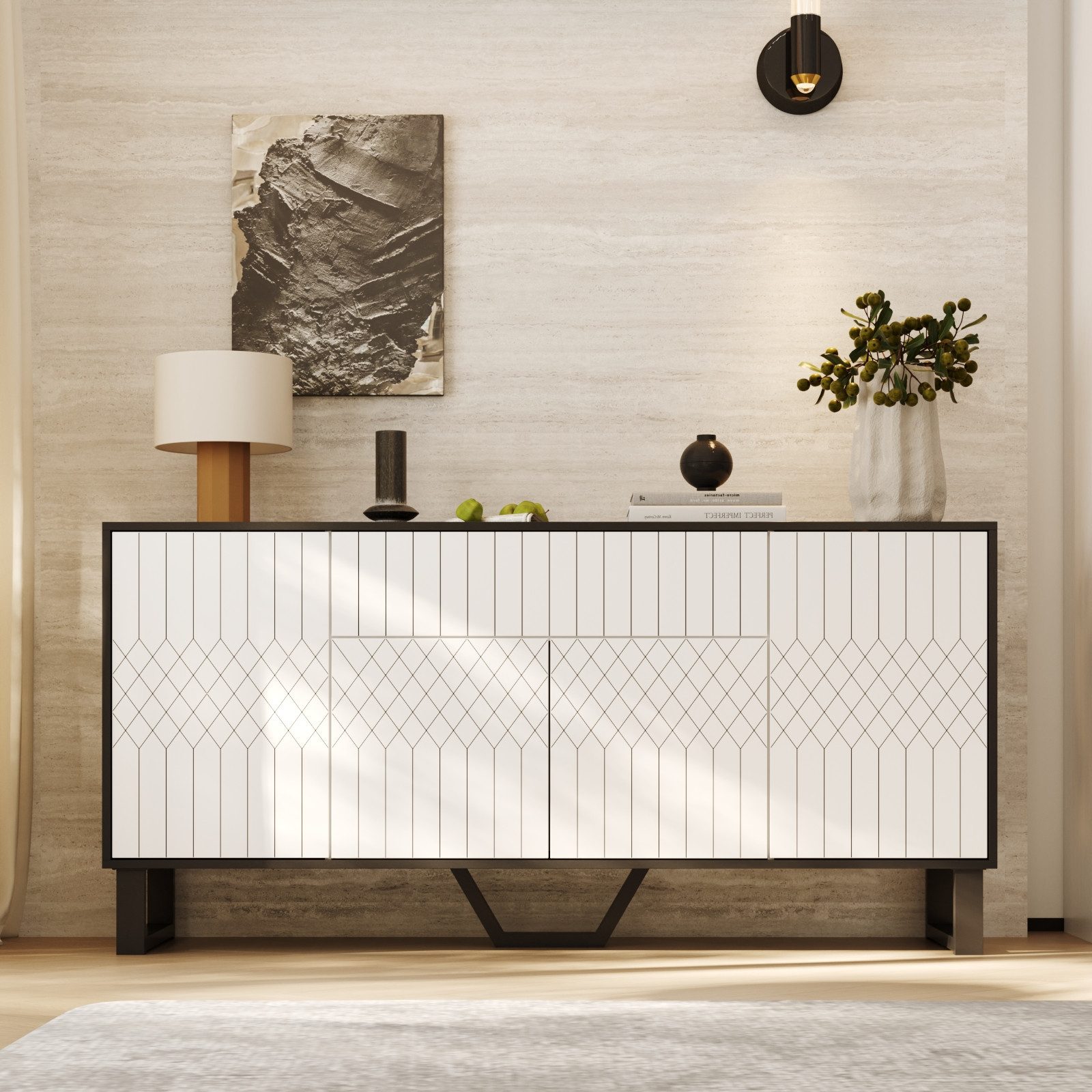 HOMSEE Sideboard mit 1 Schublade und 4 Türen – Modernes Schwarz-Weiß Design (1 St), 160x40x77,5 cm, Stauraumschrank für Küche, Flur & Wohnzimmer