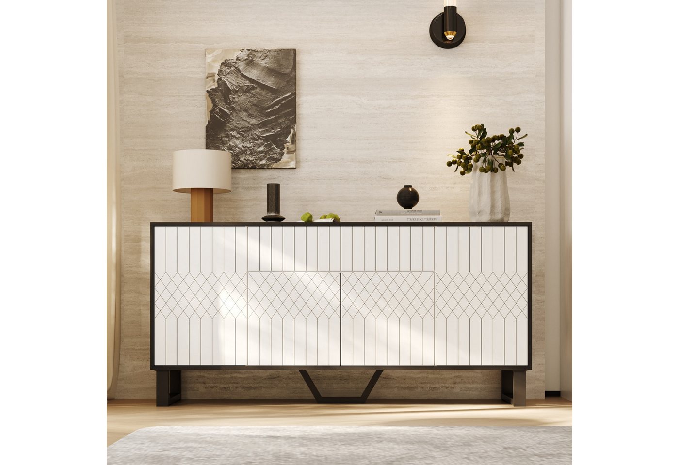 HOMSEE Sideboard mit 1 Schublade und 4 Türen – Modernes Schwarz-Weiß Design (1 St), 160x40x77,5 cm, Stauraumschrank für Küche, Flur & Wohnzimmer