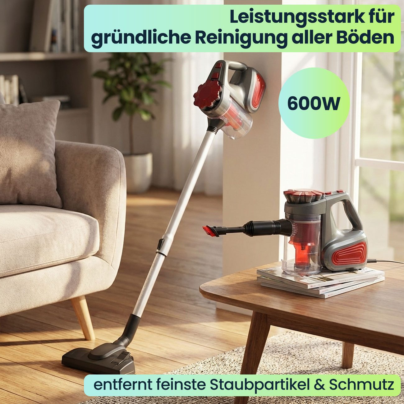 Expo Börse Bodenstaubsauger Handstaubsauger 2-in1 Zyklon Staubsauger beutellos 600 ml bordeaux, 600 W, beutellos, langlebig & pflegeleicht, 5 m langes Kabel, mit Filtersystem
