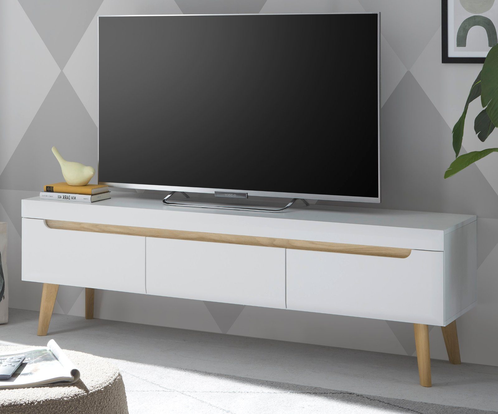 Furn.Design Lowboard Isgard (TV Unterschrank in weiß matt mit Scandi Eiche,  160 x 50 cm), mit Schubladen