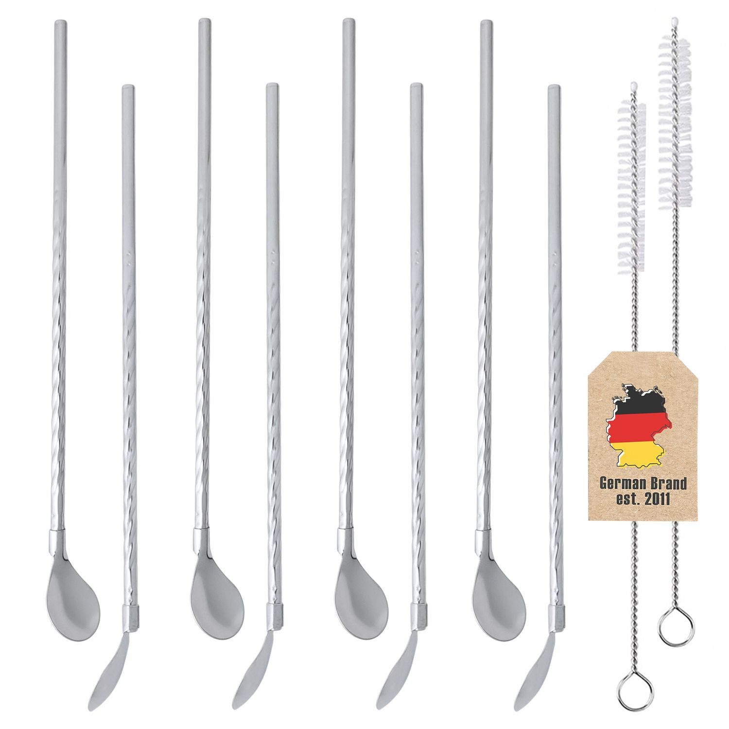 Intirilife Trinkhalme 8x Strohhalmlöffel aus Edelstahl mit Bürsten für Getränke Latte Kaffee, (8-tlg), 8x Edelstahl Strohhalmlöffel Silber 19 cm Bürsten Aufbewahrungstasche