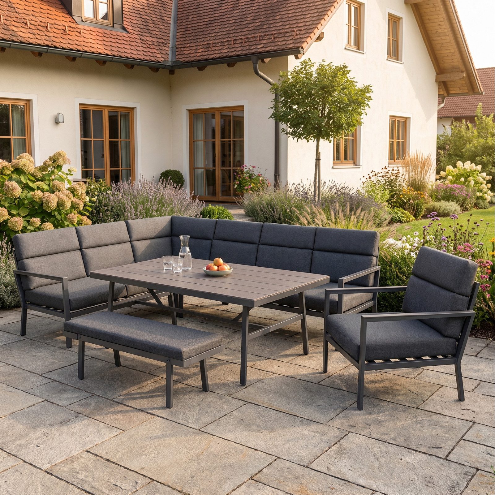 bellavista - Home&Garden® Gartenlounge-Set Ecklounge-Set Sorrent Grau Aluminium 9 Personen mit Tisch, (Set, 5-tlg., 1x Eckbank (2x 3-Sitzer Bank), 1x Bank, 1x Sessel, 1x Tisch), grau, Aluminium, für 9 Personen, wetterfest - Garten, Terrasse