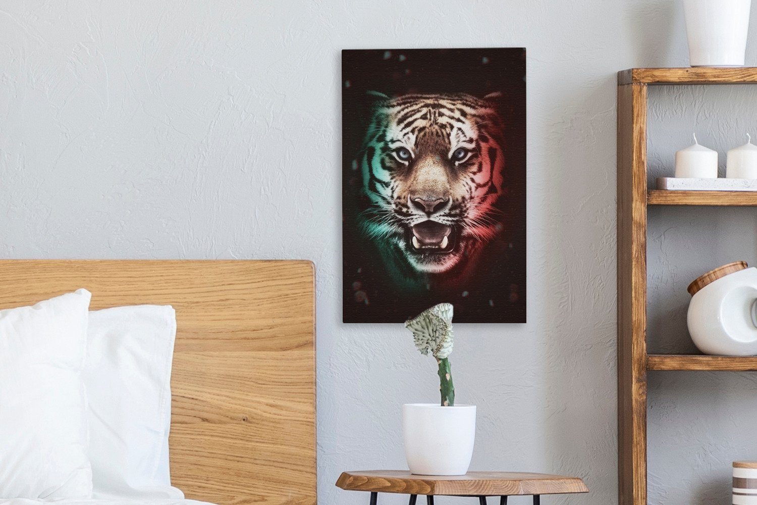 OneMillionCanvasses® Leinwandbild Tiger - Bunt Gemälde, (1 inkl. Jäger, Leinwandbild - 20x30 St), bespannt fertig Zackenaufhänger, cm