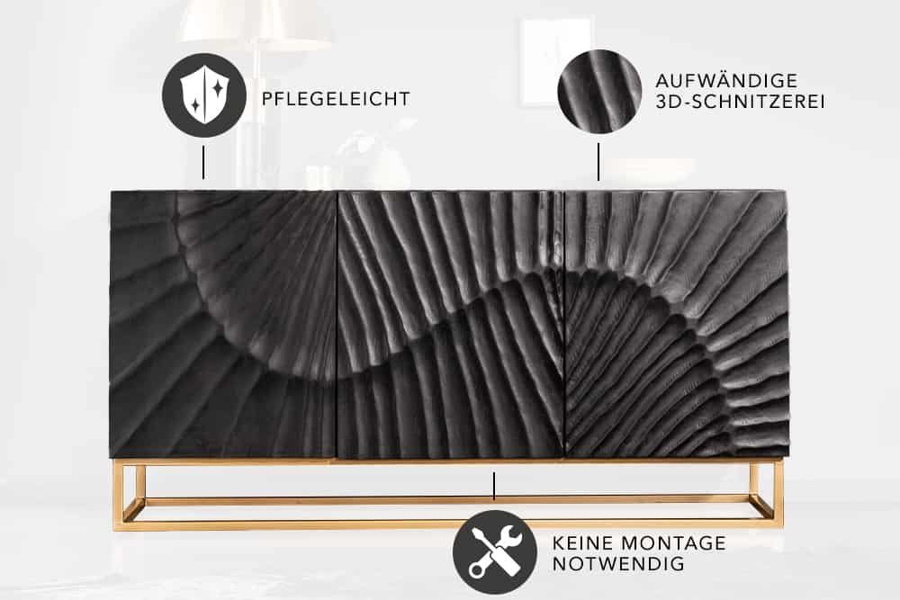 riess-ambiente Sideboard SCORPION 140cm schwarz / gold, Massivholz · Metall · Kommode · 3D Schnitzereien · Wohnzimmer – Bild 5 von 5