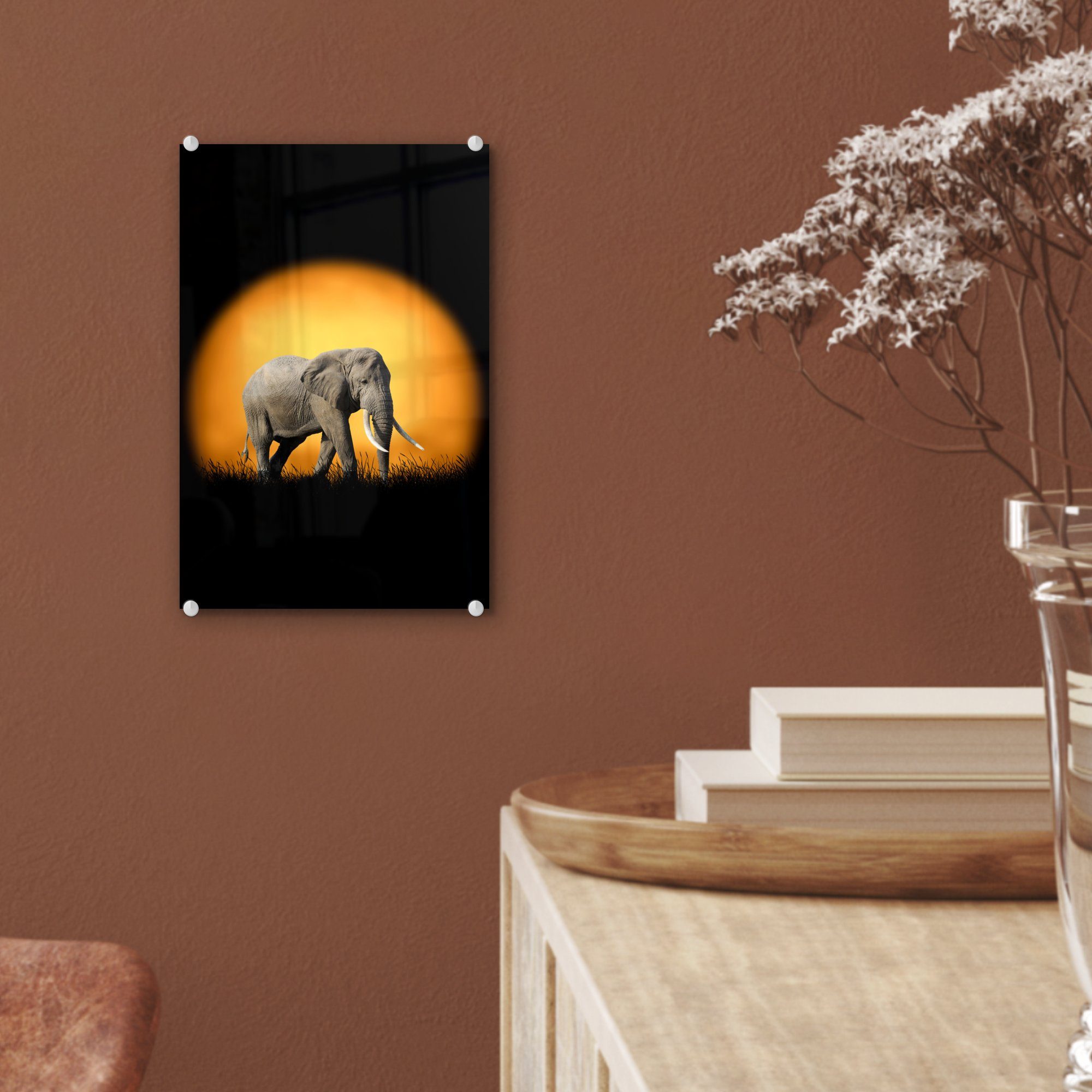 MuchoWow Acrylglasbild Elefant Foto (1 Glas St), Glas Bilder Glasbilder - auf auf Sonne - - Wandbild - - Wanddekoration Orange