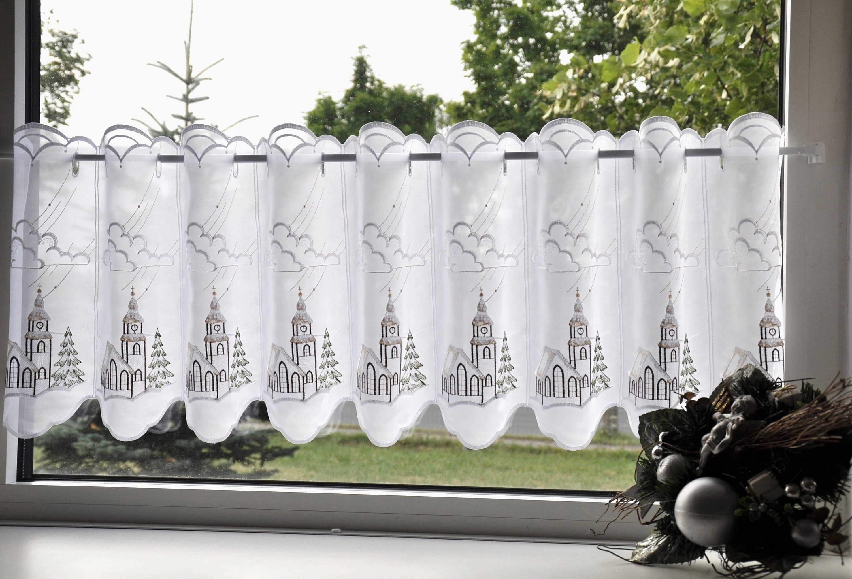 Stickereien Plauen Scheibengardine Kirche (1 St), Durchzuglöcher, transparent, Voile, veredelt mit echter Plauener Spitze Stickerei