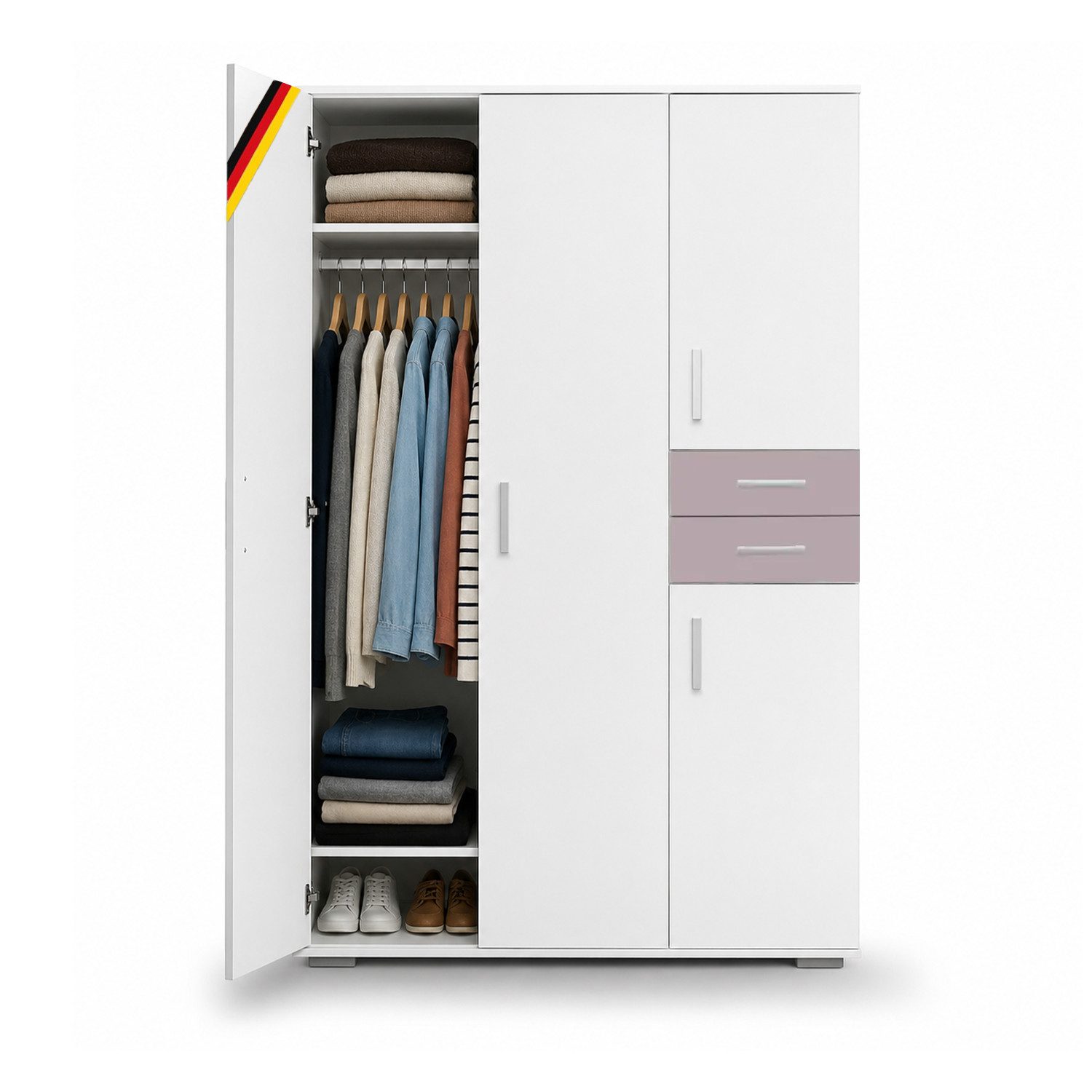 Storado Kleiderschrank Sienna 132×189×54cm, Kleiderschrank mit 4 Türen, Farbe wählbar 4 Türen und 2 Schubladen für großzügigen Stauraum