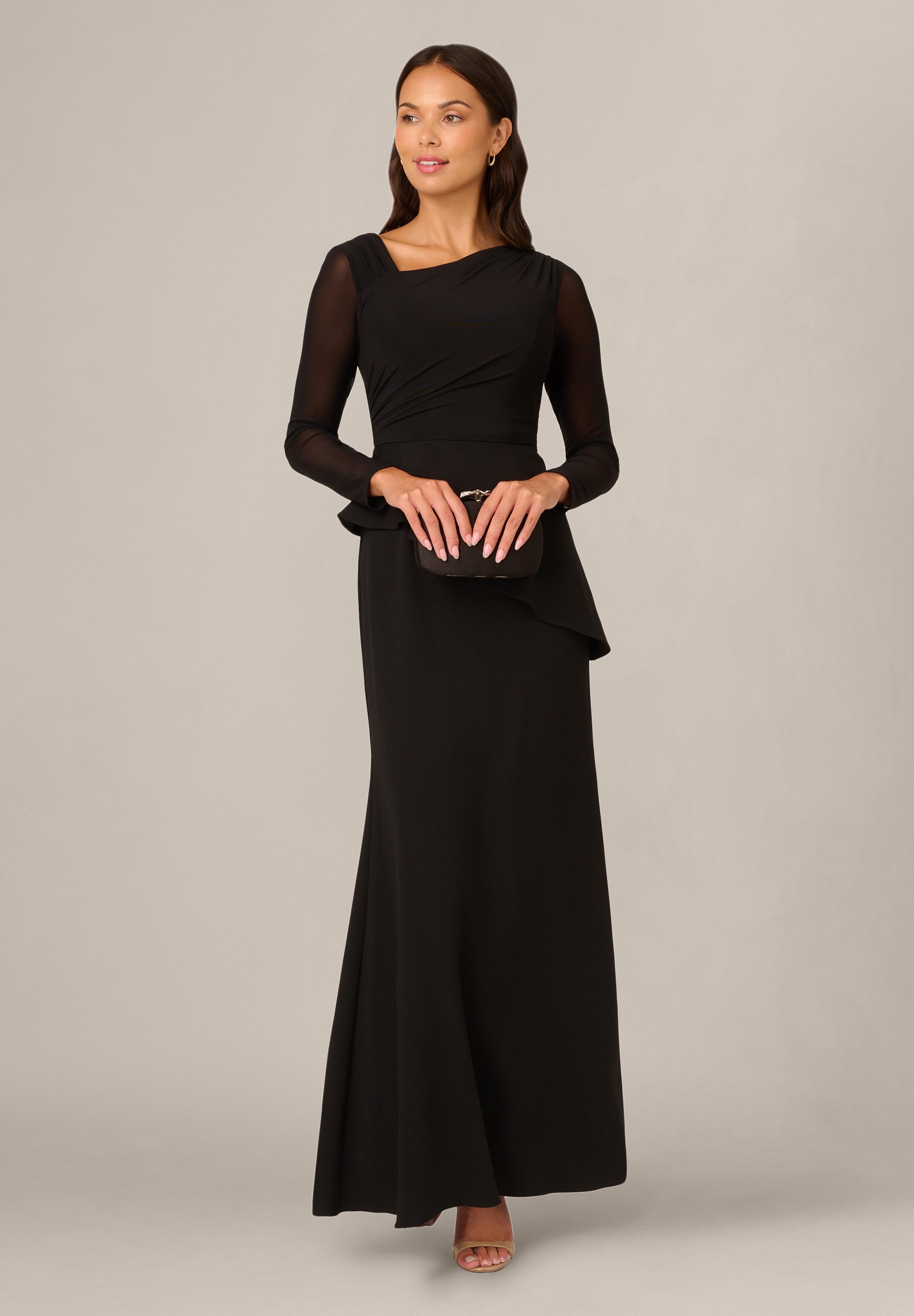Adrianna Papell Abendkleid Knit Crepe Combo Mesh Gown Asymmetrisches Kleid mit Ausschnitt und Schößchen