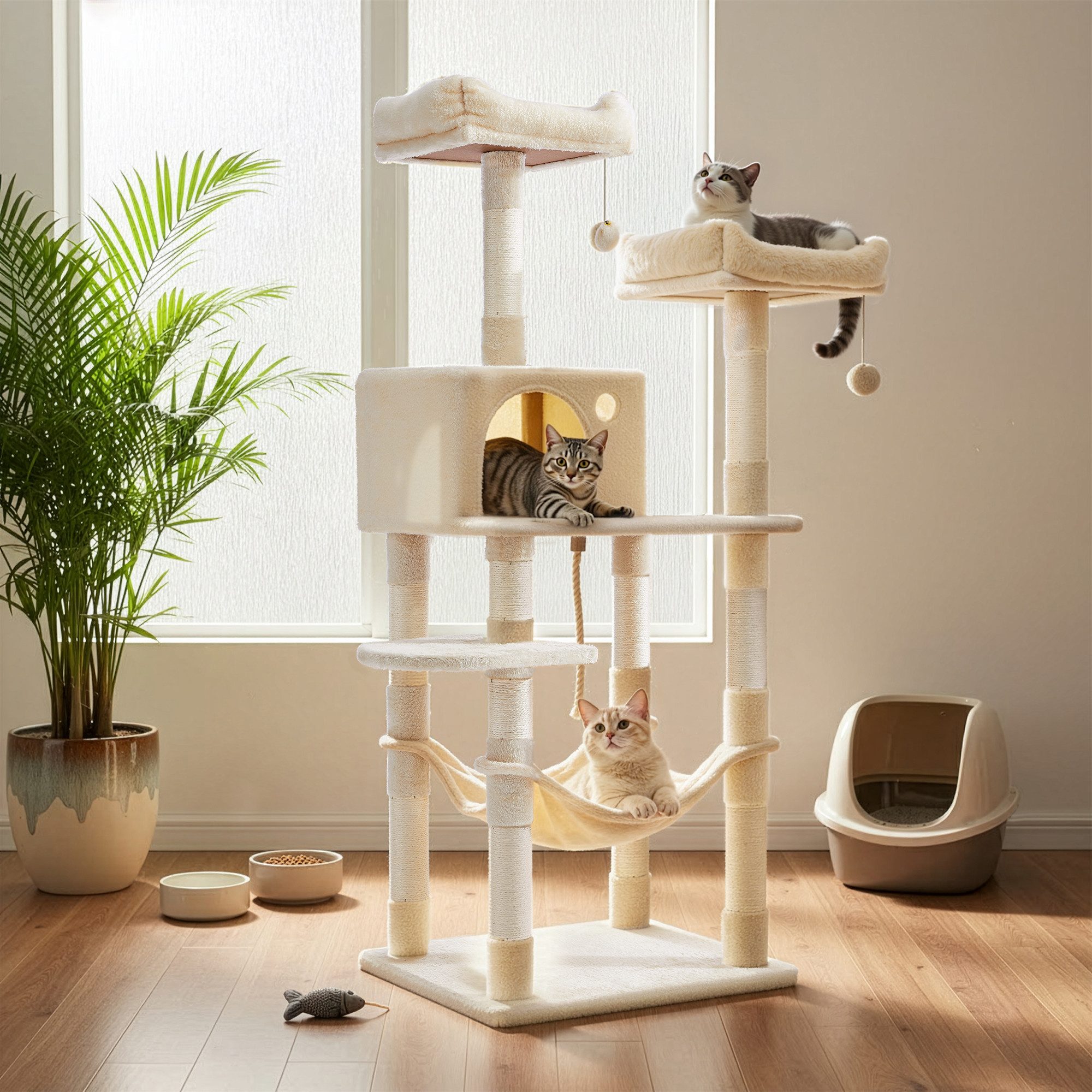 FEANDREA Kratzbaum mehrstöckiges Design, mit Kratzsäulen, 2 Plattformen, 1 Katzenhöhle, 1 Hängematte, Plüsch