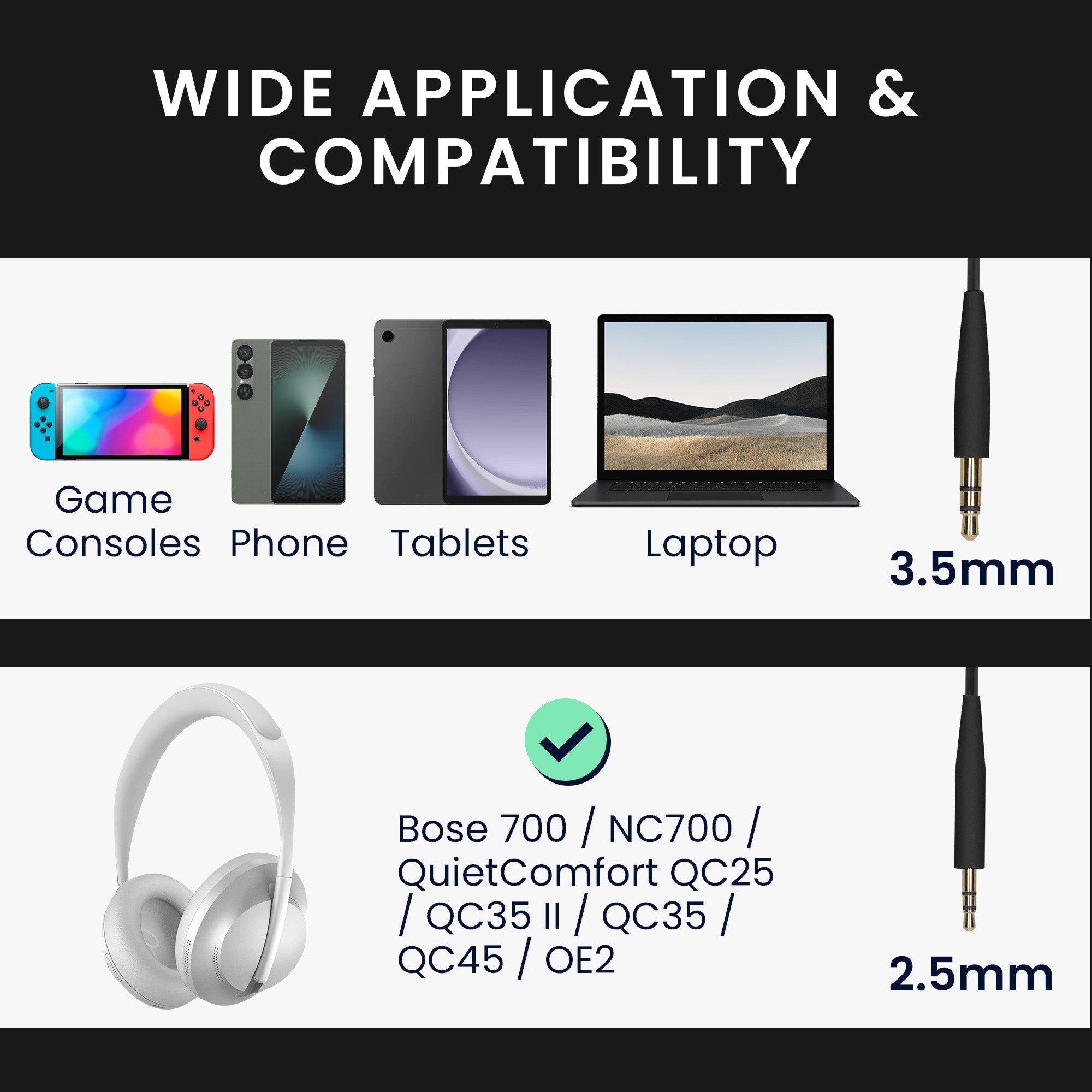 kwmobile Kopfhörerkabel für Bose 700 / NC700 / QuietComfort QC25 / QC35 II / Audio-Kabel, (8.00 cm), Ersatz Kabel 100 cm - 3.5mm Klinke Kabel