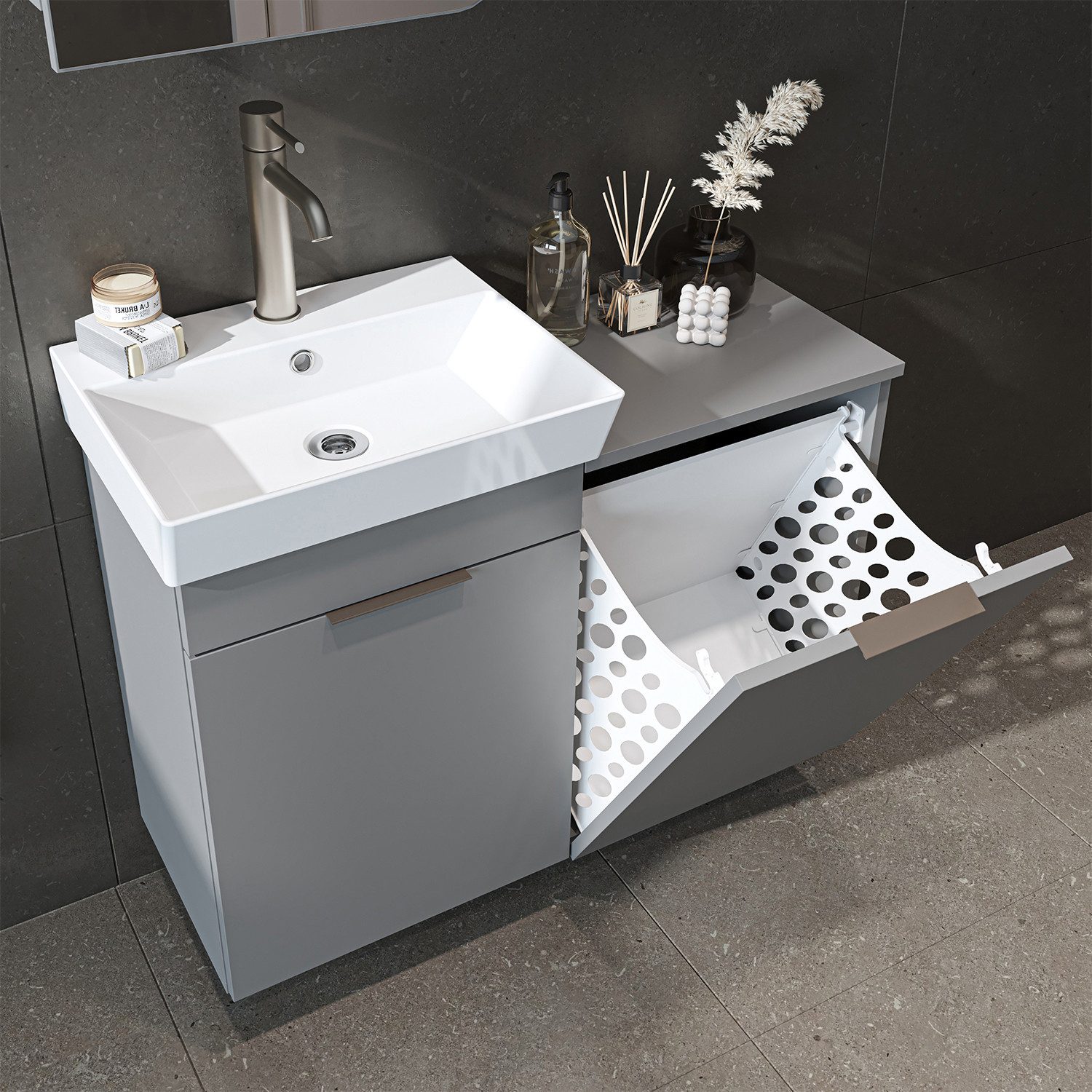 Roomart Waschbeckenunterschrank Waschbeckenunterschrank LYCIA mit Waschbecken Wäschefach hängend Mit Keramikbecken und verstecktem Wäschefach