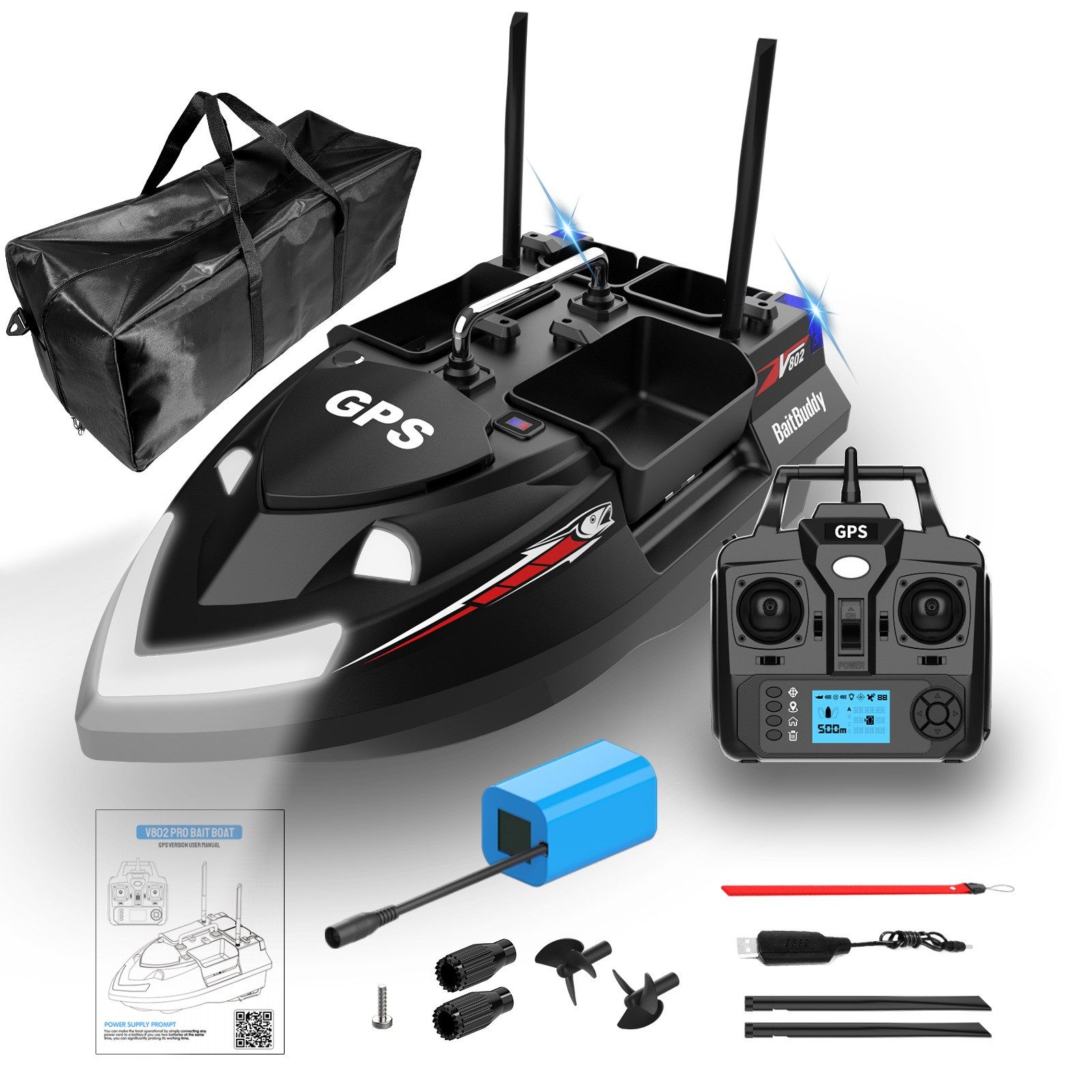 LOKEEVAN RC-Boot V802PRO, GPS mit 160 Speicherpunkten,4 unabhängige Futterkammern,500 m