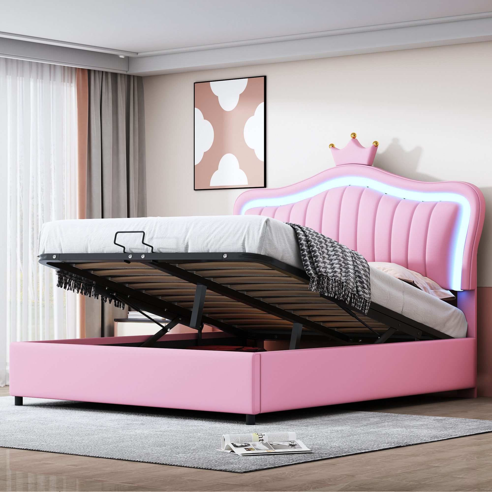 Flieks Polsterbett, LED Hydraulisches Kinderbett 140x200cm Krone Kopfteil K günstig online kaufen