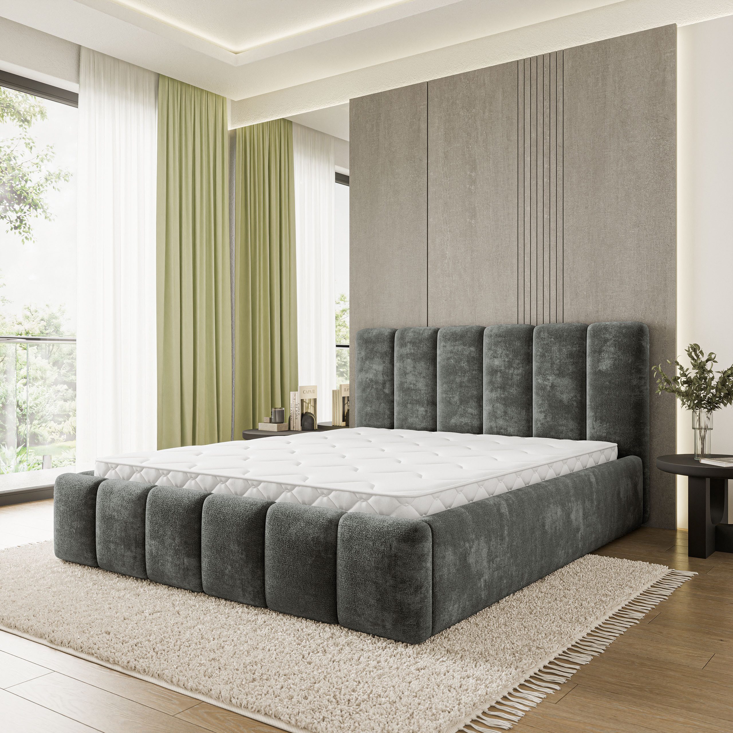 Masseno Polsterbett ATTORA 140x200 cm grau (mit Bettkasten und Lattenrost)