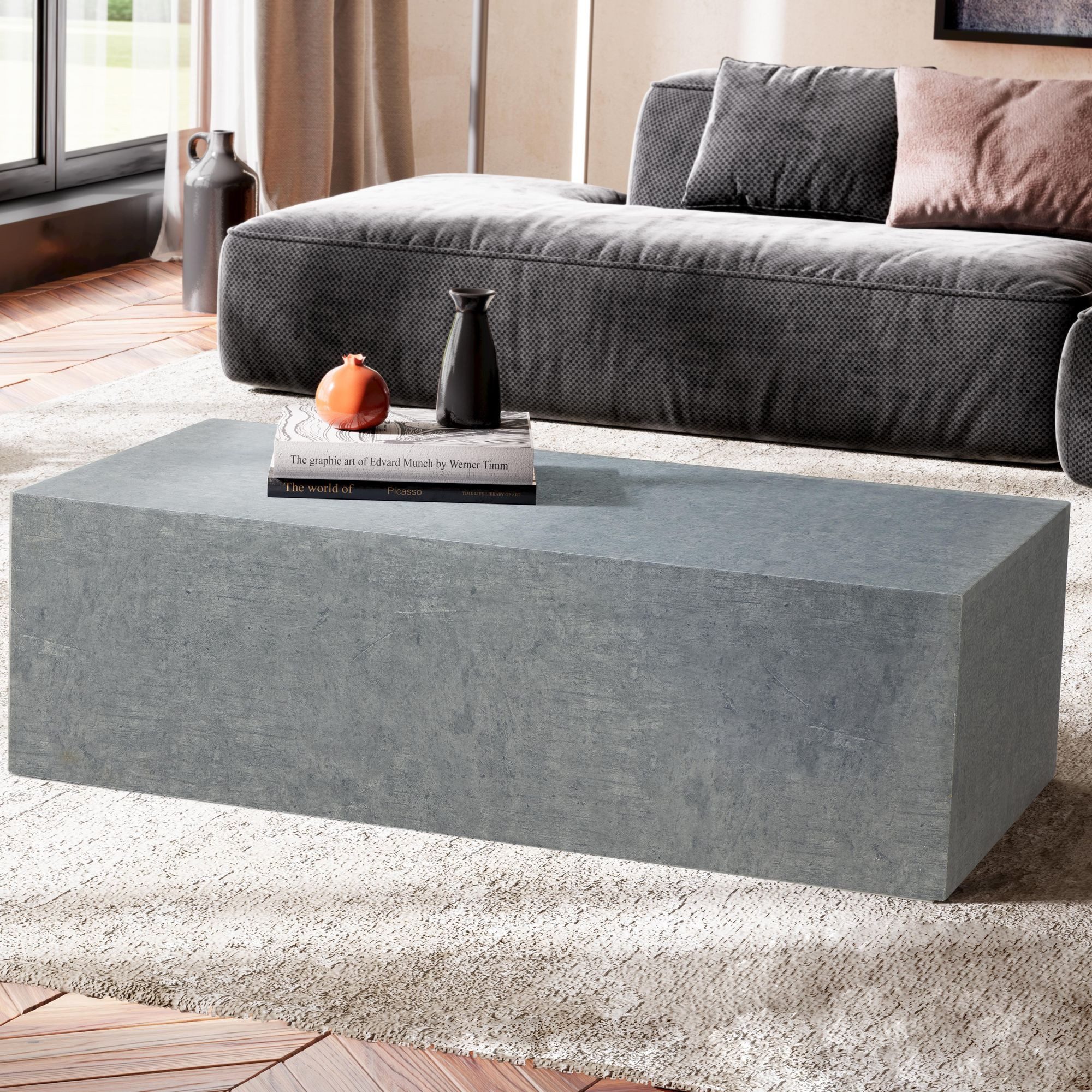 FINEBUY Couchtisch FB59591 Wohnzimmertisch MONOBLOC Beton Optik Grau Sofatisch Modern (MONOBLOC 100x50x30 cm MDF Beton Optik Modern), Kaffeetisch Groß Rechteckig, Sofatisch Grau