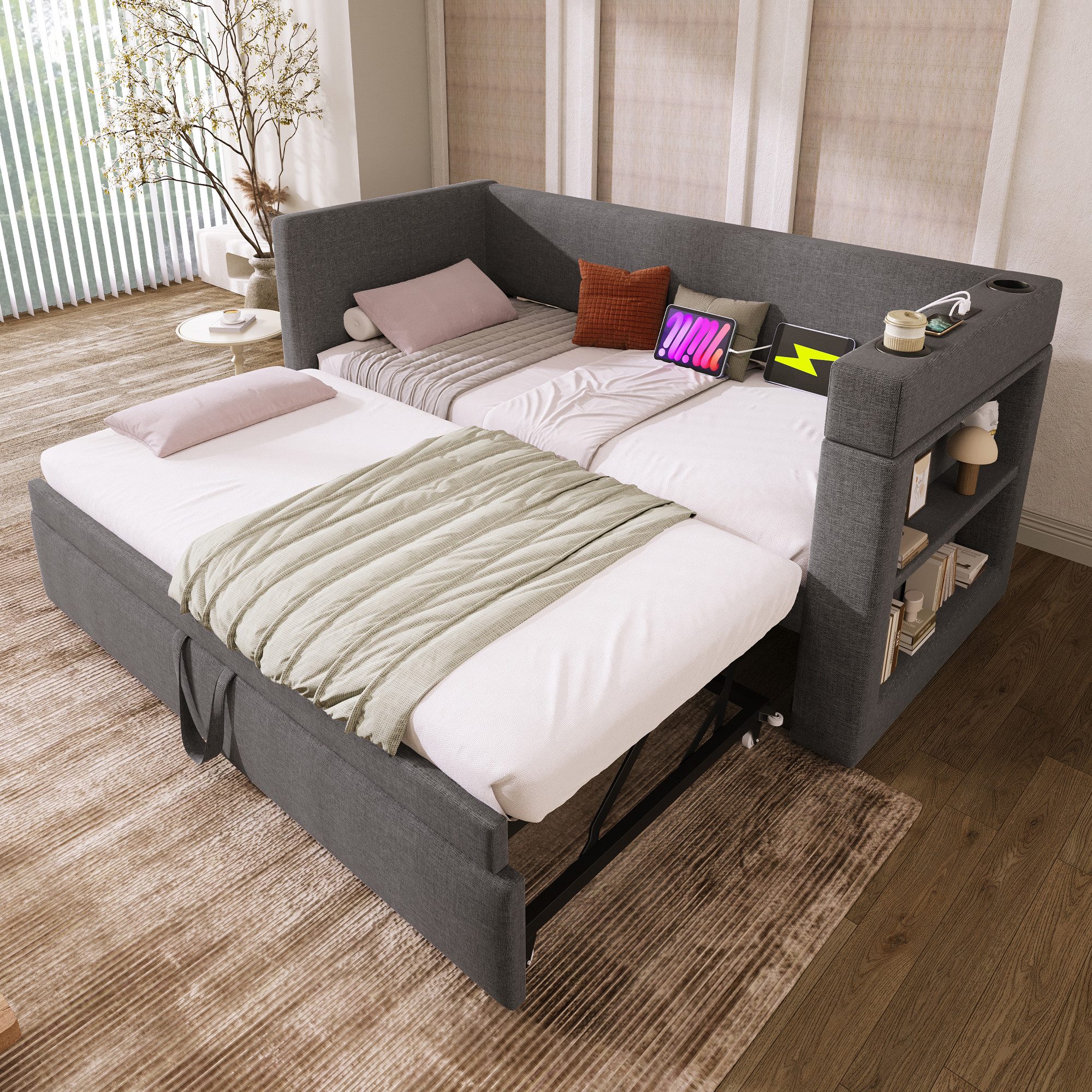 Odikalo Schlafsofa Ausziehbett Bettgestell Getränkehalter Leinen 90x190/200Beige/Grau