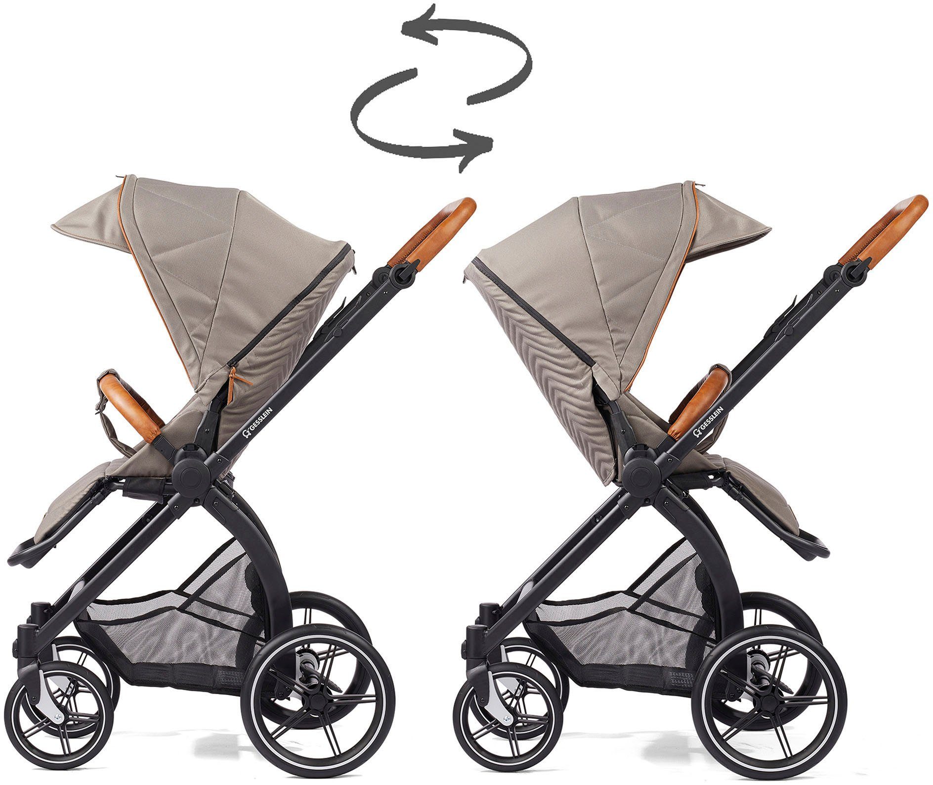 Gesslein Kombi-Kinderwagen FX4 Soft+ und Babyschalenadapter Style, mit Babywanne mit C3 moos/tabak, Aufsatz