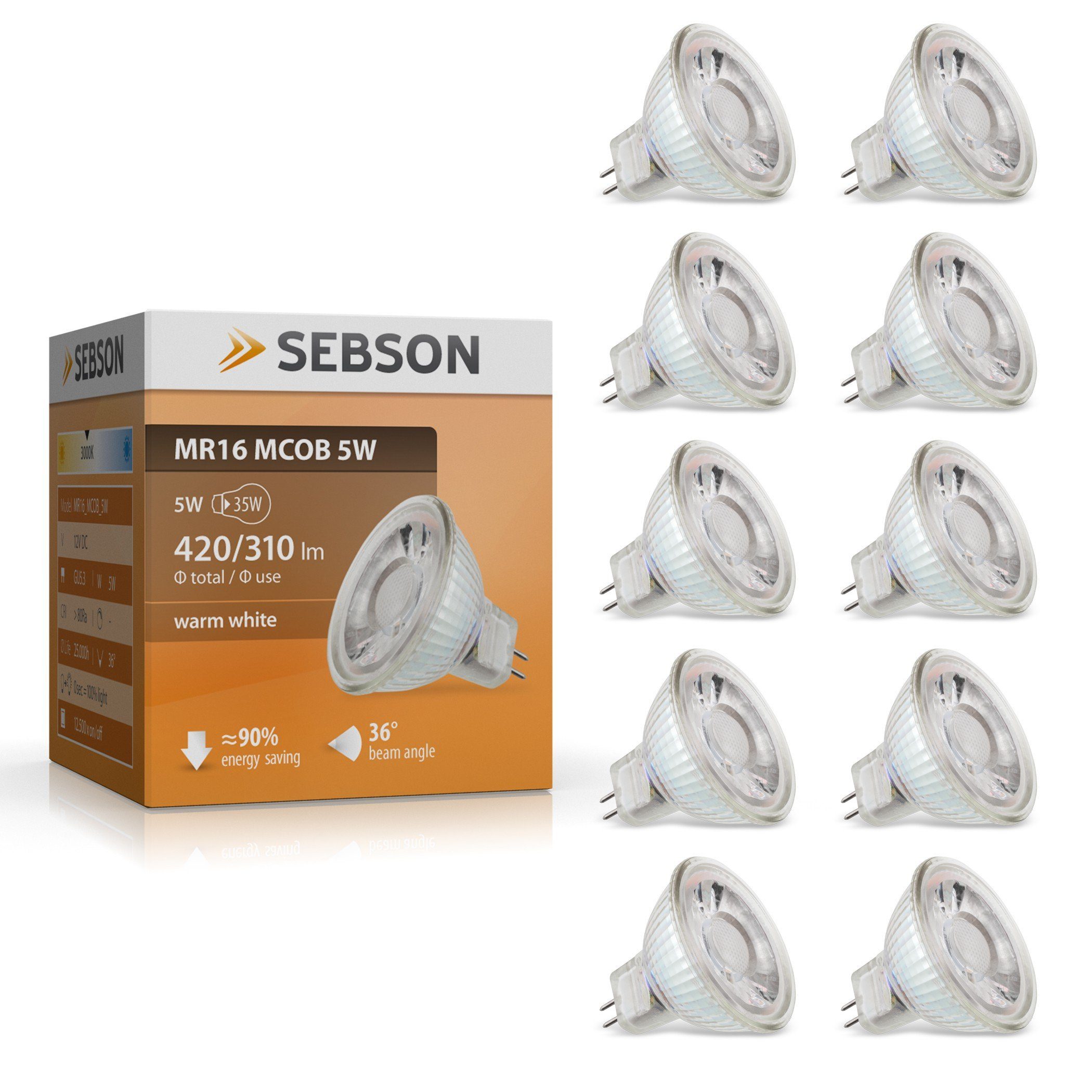 SEBSON LED-Leuchtmittel LED Lampe GU5.3/ MR16 warmweiss 5W Leuchtmittel Spot 12V- 10er Pack