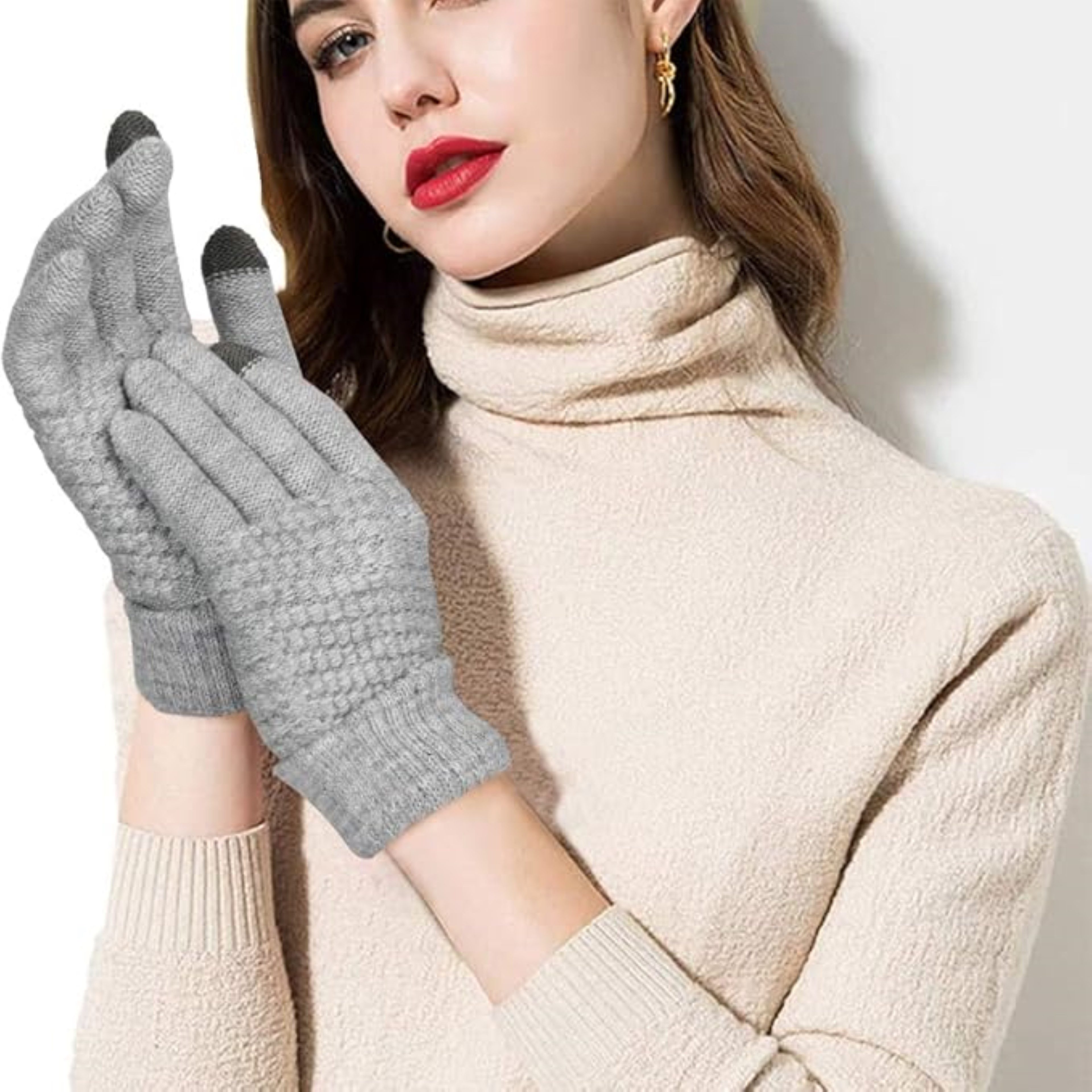 LA CUTE Strickhandschuhe Winterhandschuhe Strick warm Touchscreen Outdoor-Einsatz Grau (Winterhandschuh-Set mit Touch-Funktion & Isolierung, 1 Paar Damenhandschuhe – ideal für kalte Wintertage) Touchscreen-fähig & winddicht – ideal für Outdoor im Winter
