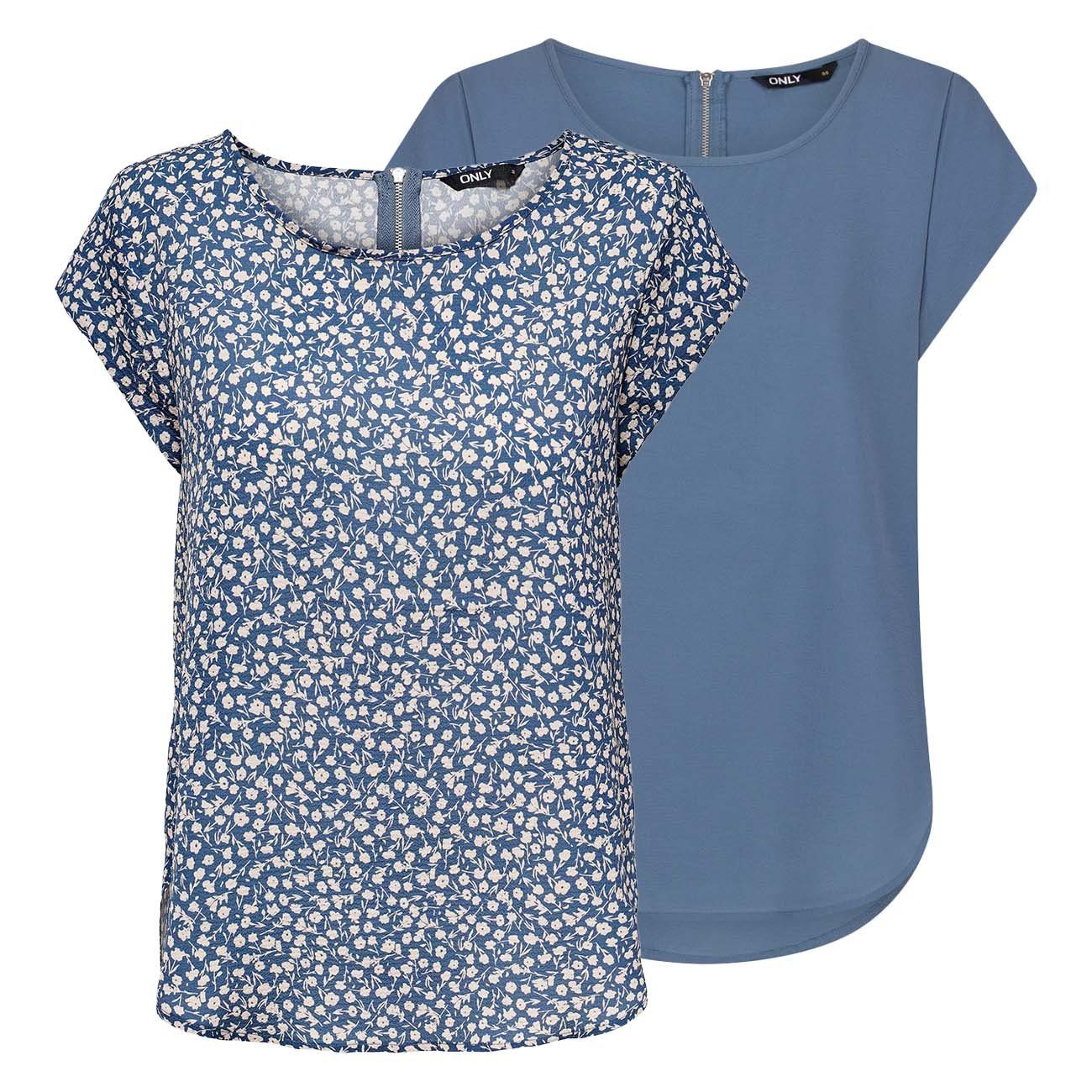 ONLY T-Shirt Damen Top ONLVIC Regular Fit (2-tlg) Basic Kurzarm Tee Shirt mit Rundhalsausschnitt Blue Mirage (15284243)