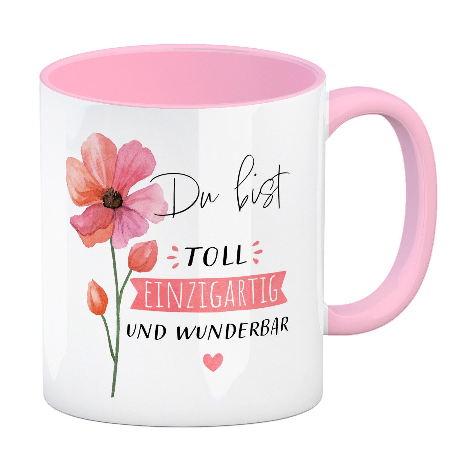 Tasse Blume Kaffeebecher in rosa mit Spruch Du bist toll einzigartig und
