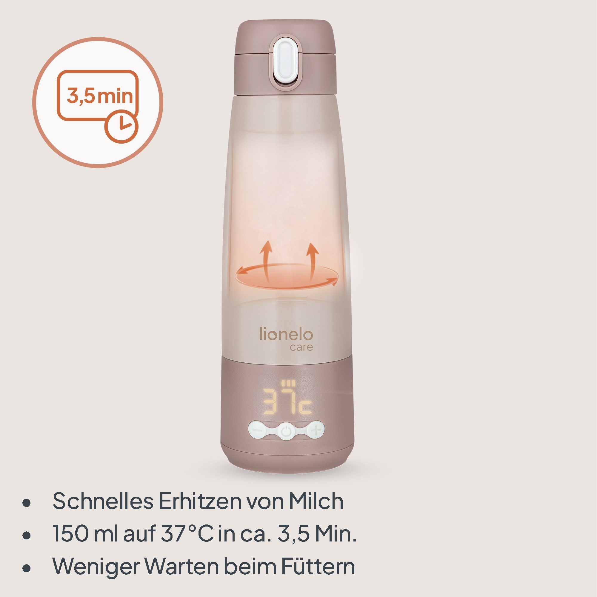 lionelo Thermoflasche THERMUP BOTTLE, 3,5 Min/20 Std. Warmhalten/37–55°C/350 ml/Thermos/USB-C