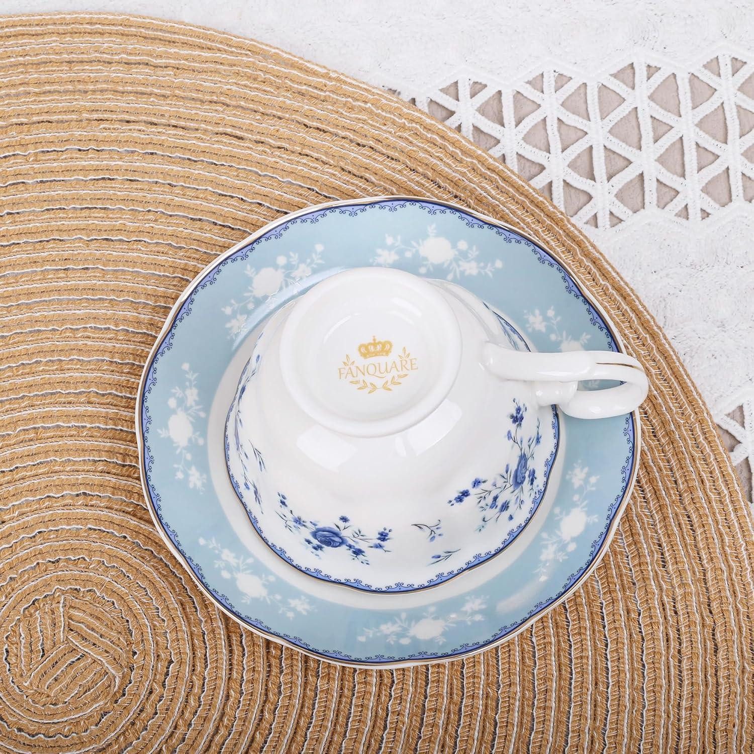 LuxusKollektion Tasse Teetassen Untertassen 6teilig Porzellan 150ml Blumenmuster Blau