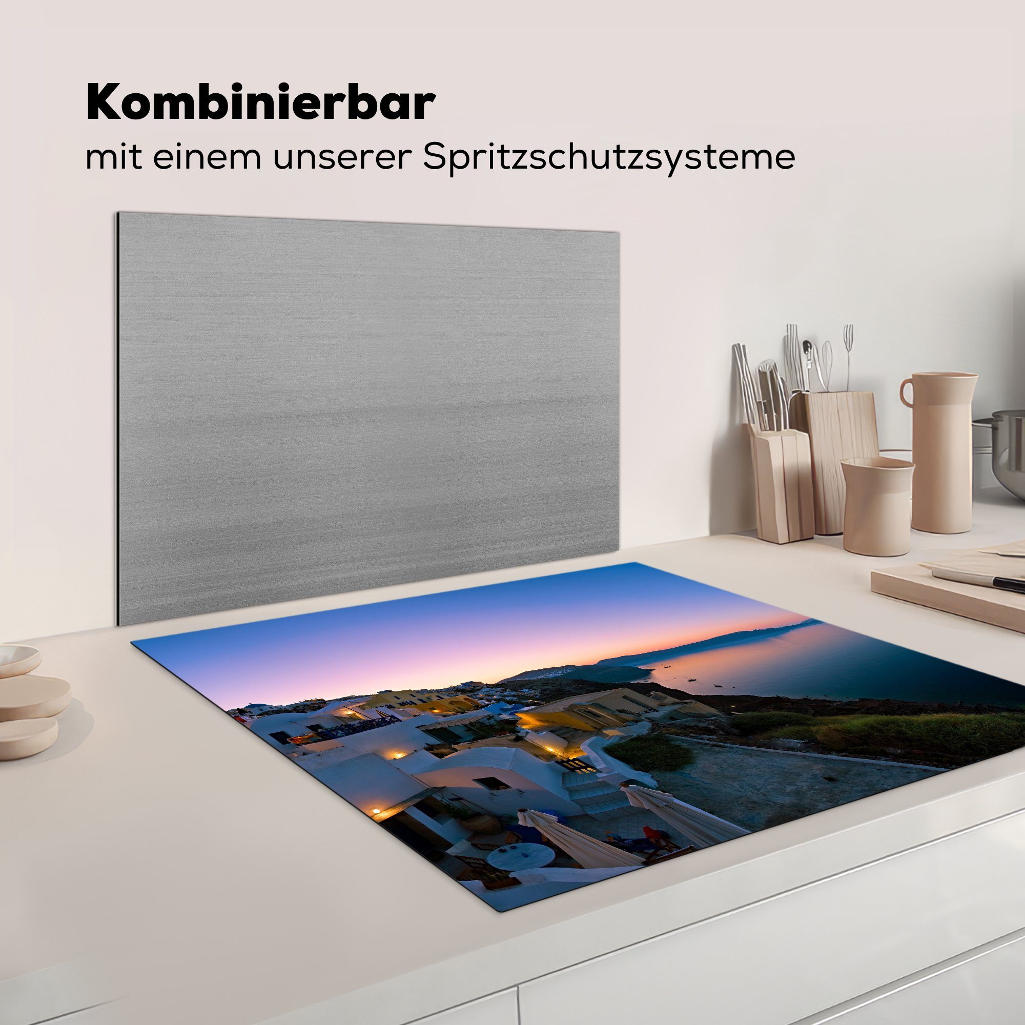 für 78x78 mit Herdblende-/Abdeckplatte küche Vinyl, Fischerdorf Griechenland tlg), Arbeitsplatte cm, Oia Sonnenaufgang, Ceranfeldabdeckung, MuchoWow (1 Santorini bei