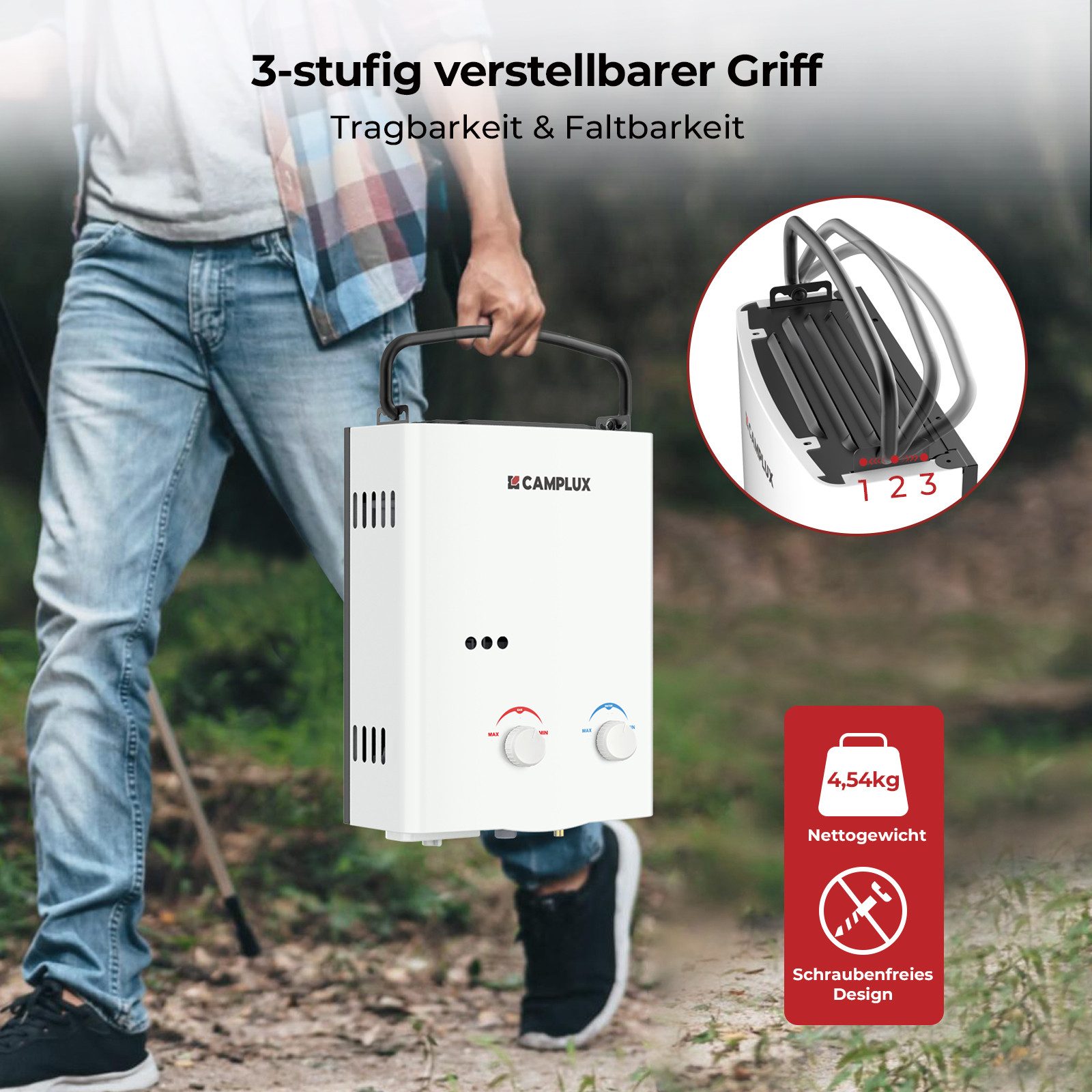 CAMPLUX Durchlauferhitzer AY132-DE, 50 mbar, min. 10 °C, max. 65 °C, LPG Propan 10 kW Durchlauferhitzer für Wohnmobil, Camping & Dusche