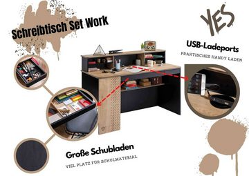 Cilek Kinderschreibtisch Work, inkl. Aufsatz, Breite 139 cm, USB-Steckplätze, Soft-Close-Funktion, Zwei Schubladen, modern