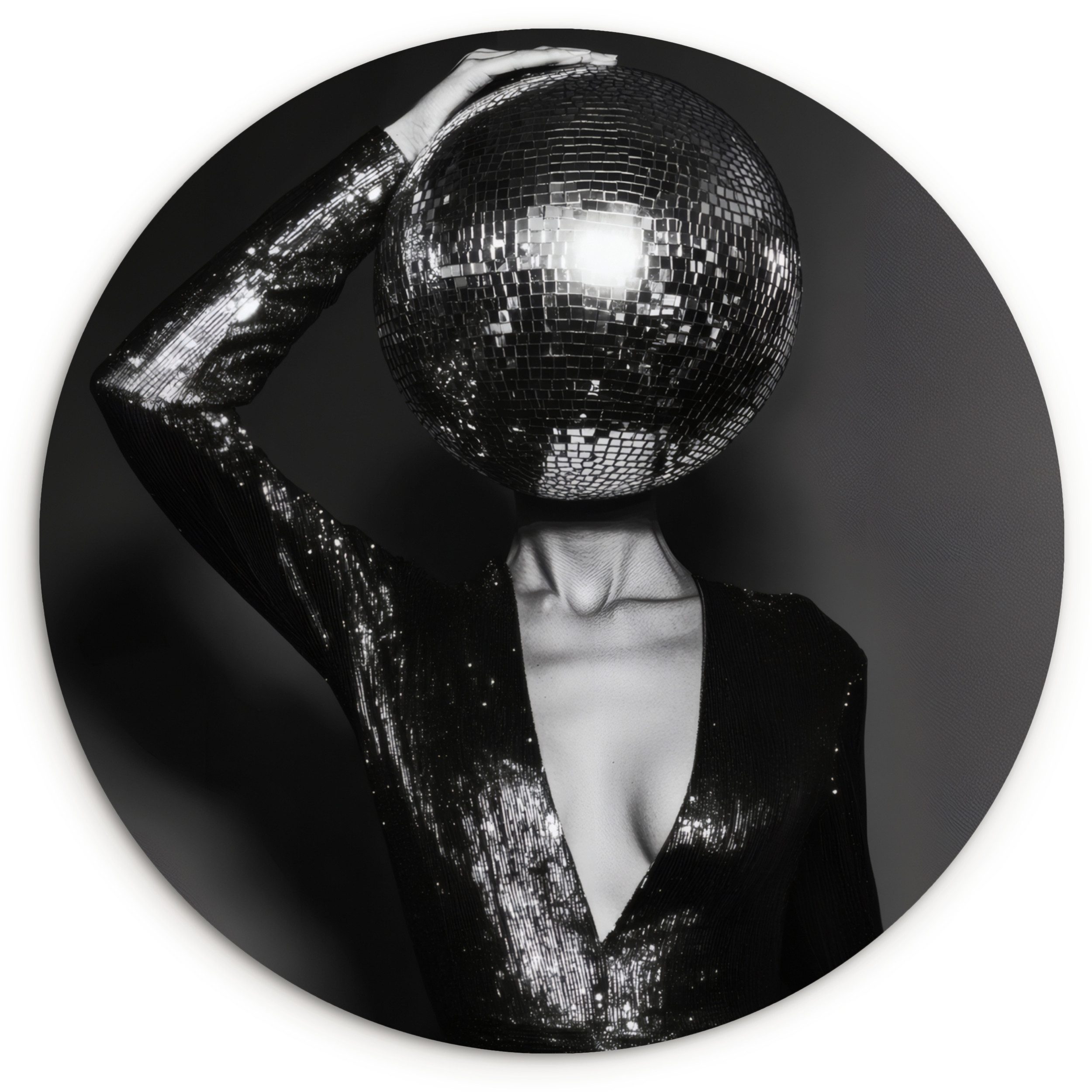 MuchoWow Gemälde Discokugel - Gesicht - Glamour - Schwarz, Fotodruck (1 St), Kreis Wanddekoration, Rundes Wandbild, 30x30 cm