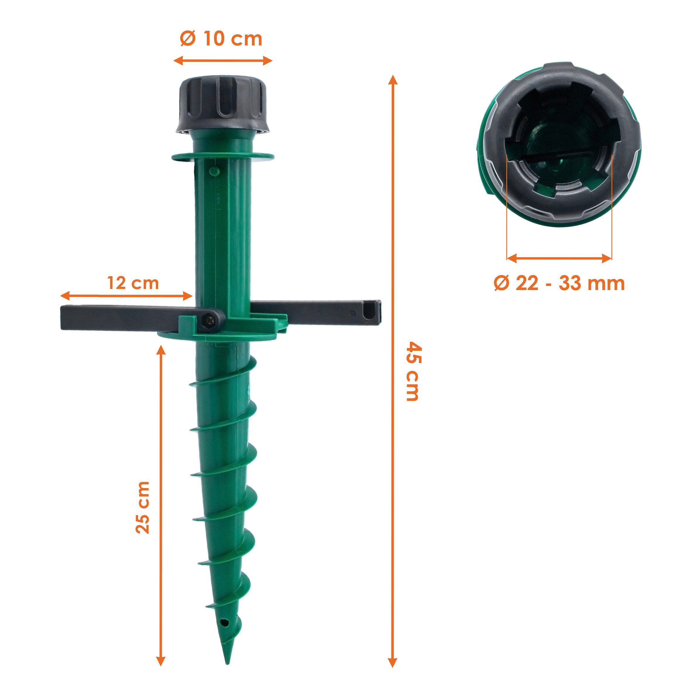 Spetebo Bodenhülse Sonnenschirm Hülse aus Kunststoff in grün mit Eindrehhilfe, für Schirmstöcke mit einem Durchmesser von ca. 22-33 mm, zum Eindrehen, (45 cm x 10 cm, 1-St., Universal Rasendorn), Mit integrierter ab klappbarer Eindrehhilfe
