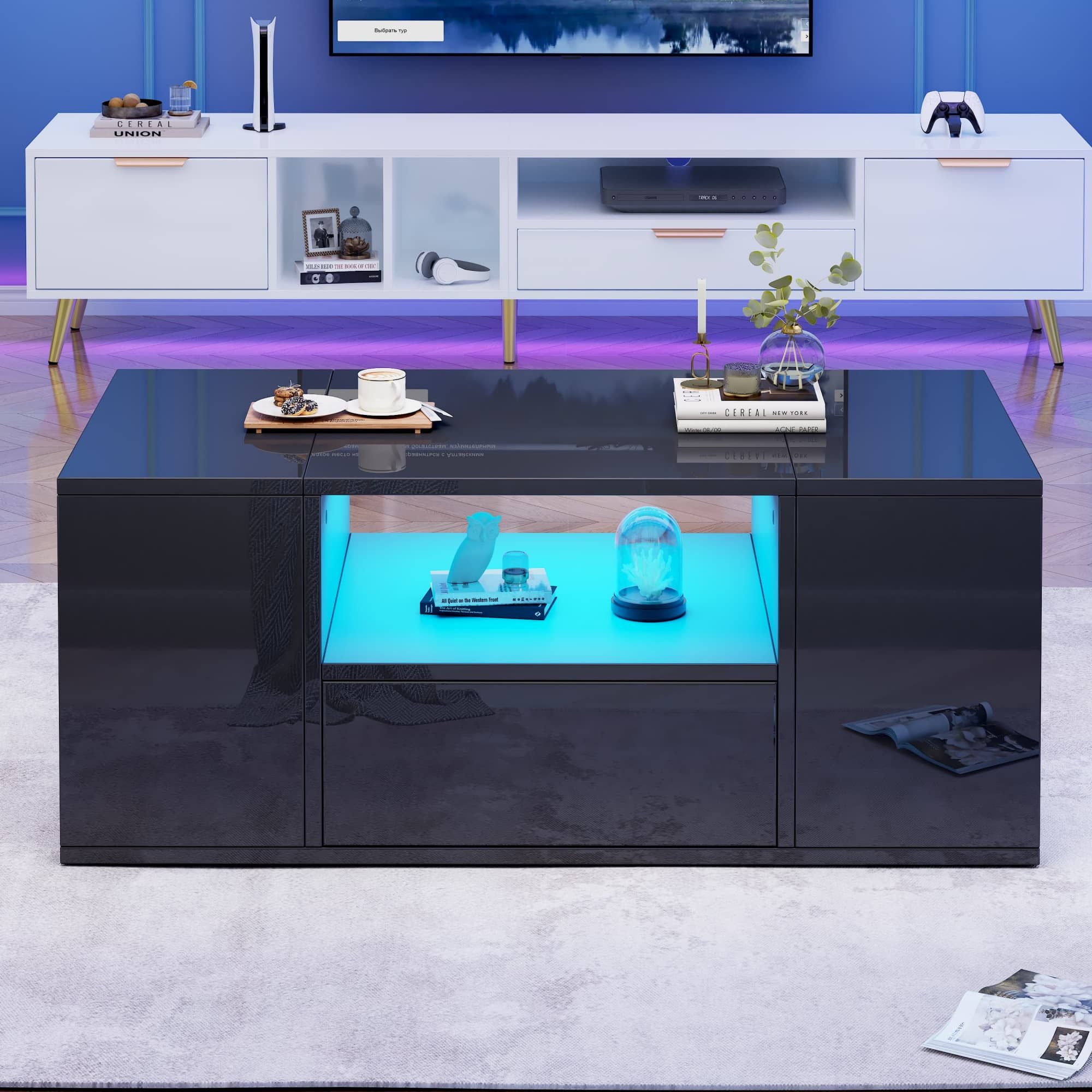 ANYSUN Couchtisch Hochglanz Sofatisch Beistelltisch mit LED-Beleuchtung mit Schublade (Set, 1Tisch), Breite 100 cm