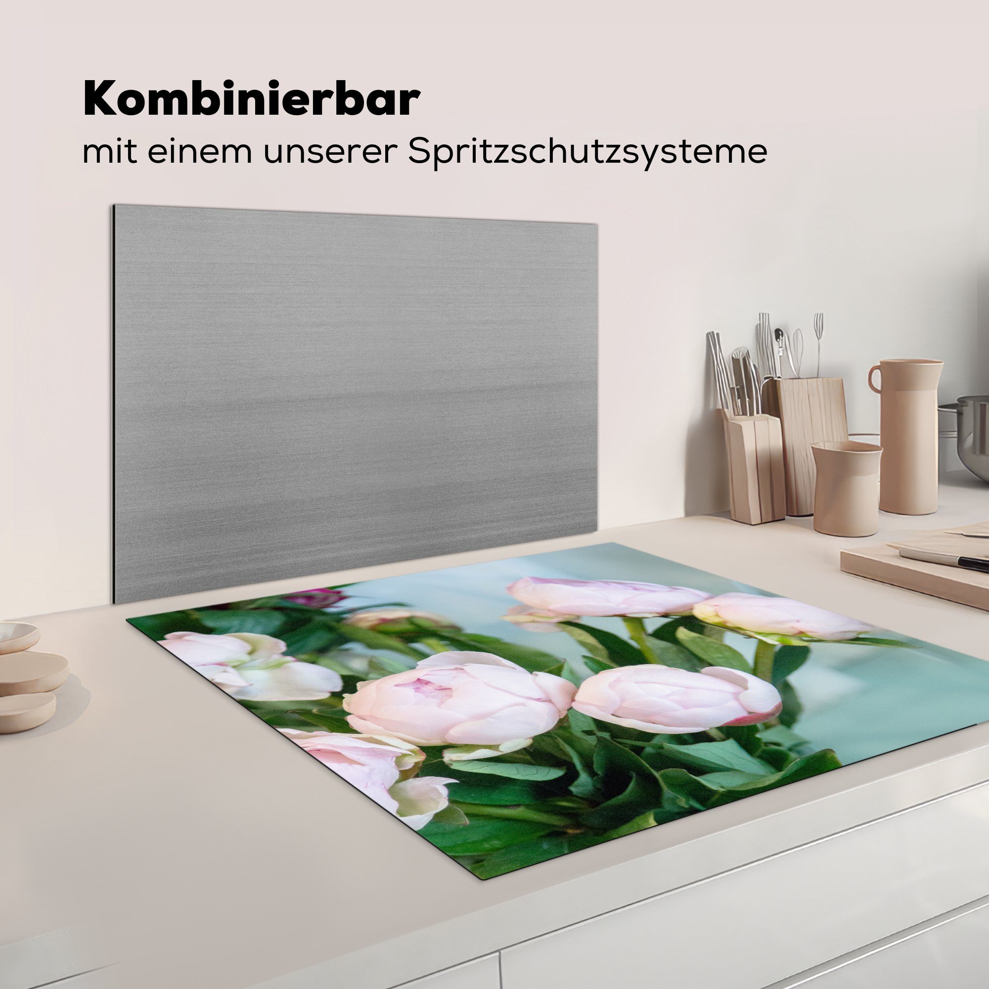 MuchoWow Herdblende-/Abdeckplatte Knospen Vinyl, rosa einer von küche Ceranfeldabdeckung, Arbeitsplatte tlg), (1 in für cm, 78x78 Vase, Pfingstrosen