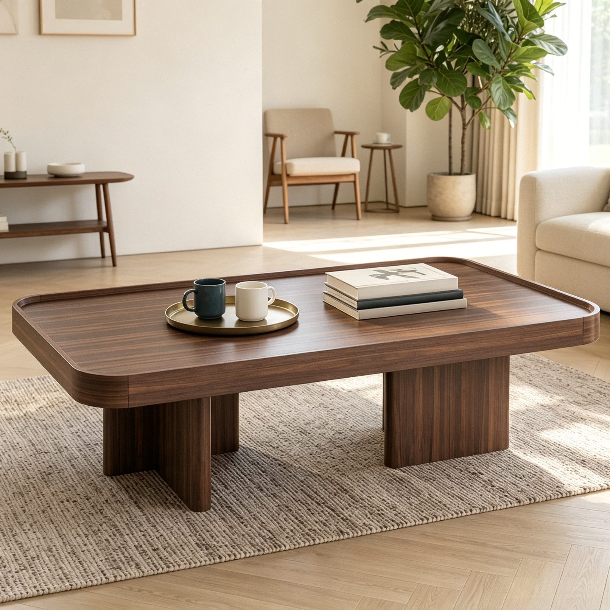 Merax Couchtisch in Walnussholz Optik, Retro Sofatisch mit abgerundeten Ecken (1-St), Wohnzimmertisch Kaffeetisch Beistelltisch, 100x50x35,5 cm