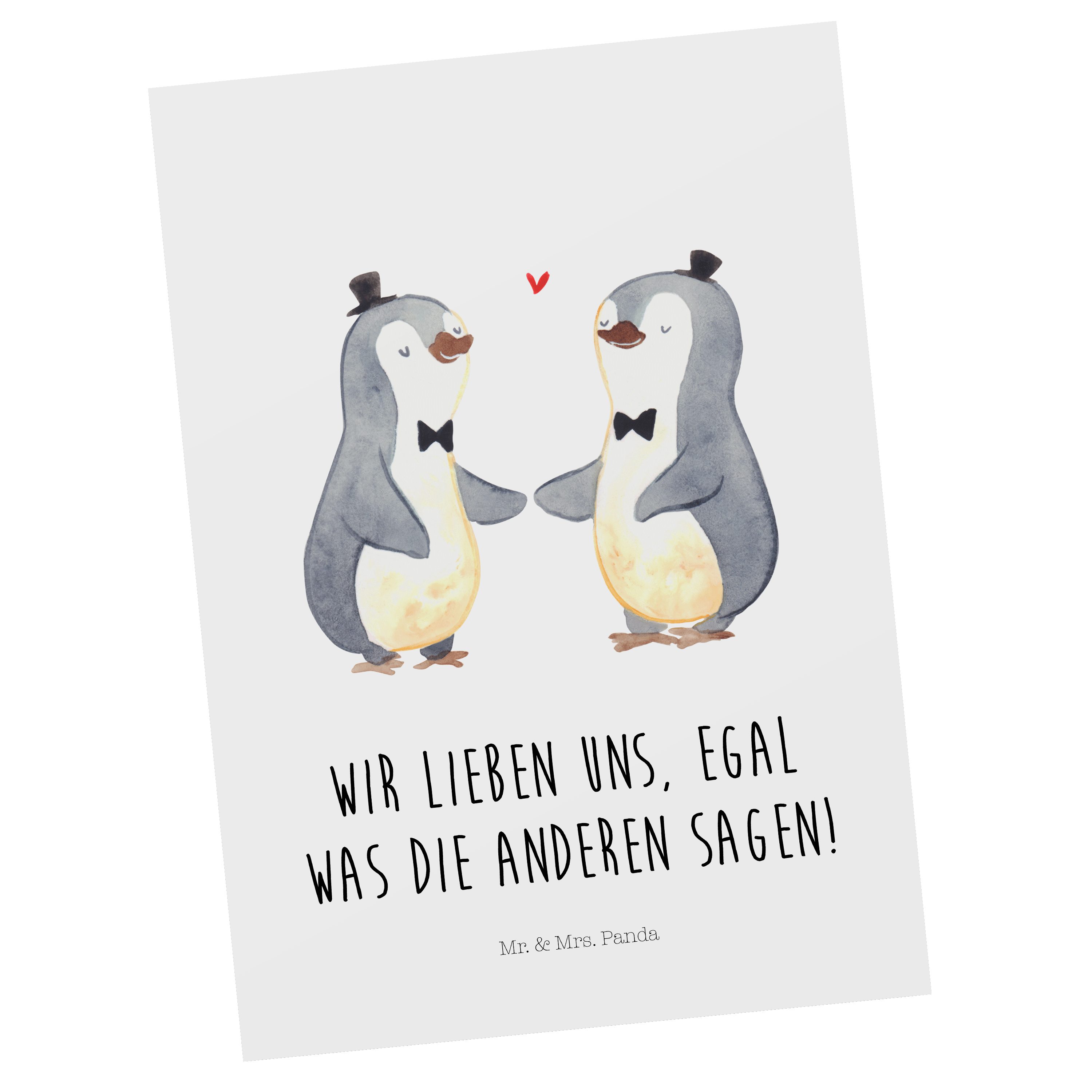 Mr. & Mrs. Panda Postkarte Pinguin Pärchen Gay Pride - Weiß - Geschenk, Einladungskarte, Hochzei