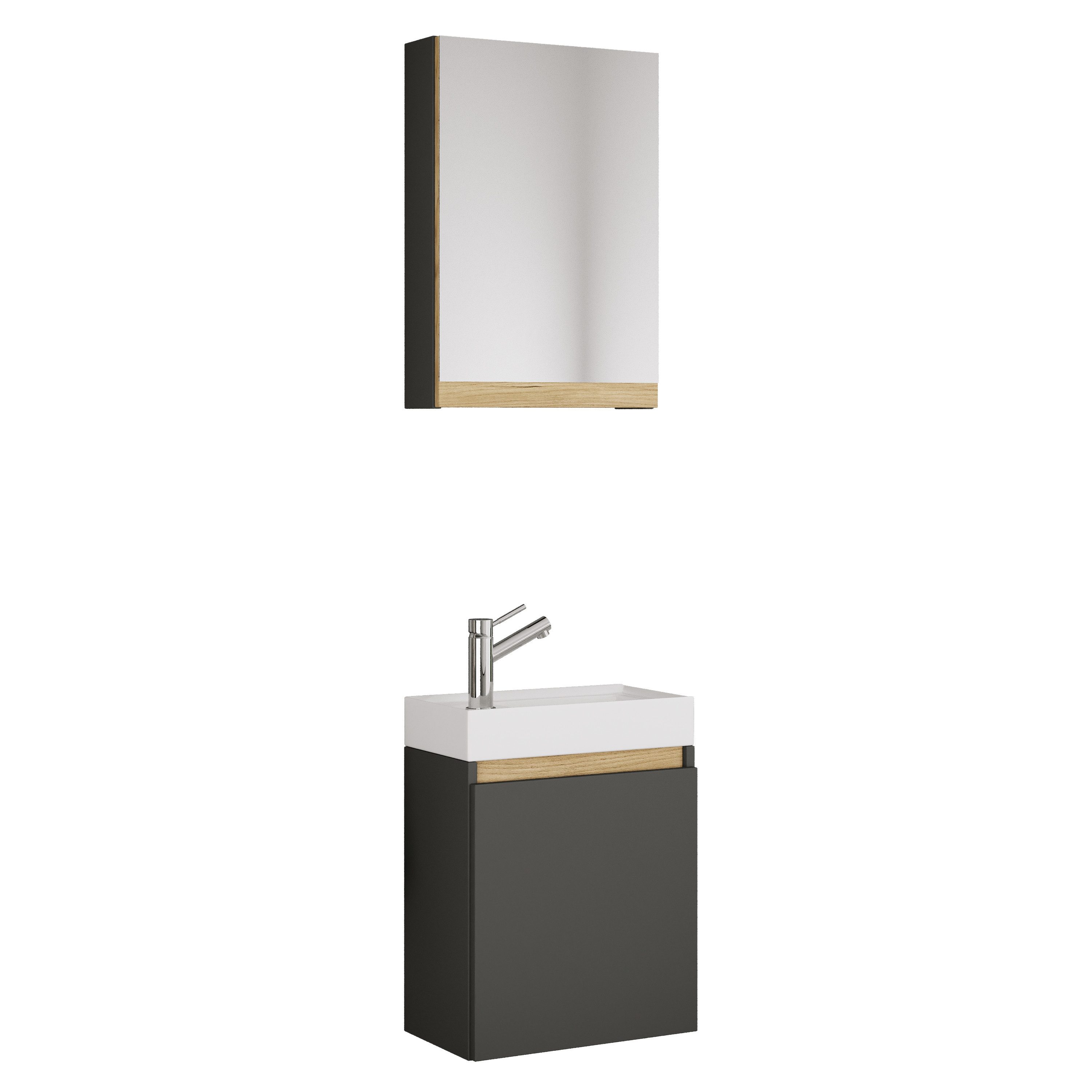 VCM Badmöbel-Set 3 tlg. Hängeschrank Gäste-WC Waschbecken Softclose, (Komplett-Set, 2-St., 1x Unterschrank 1x Waschbecken 1x Spiegelschrank), VCM Waschtisch Cosila 113x41x22 cm Holzwerkstoff, Keramik