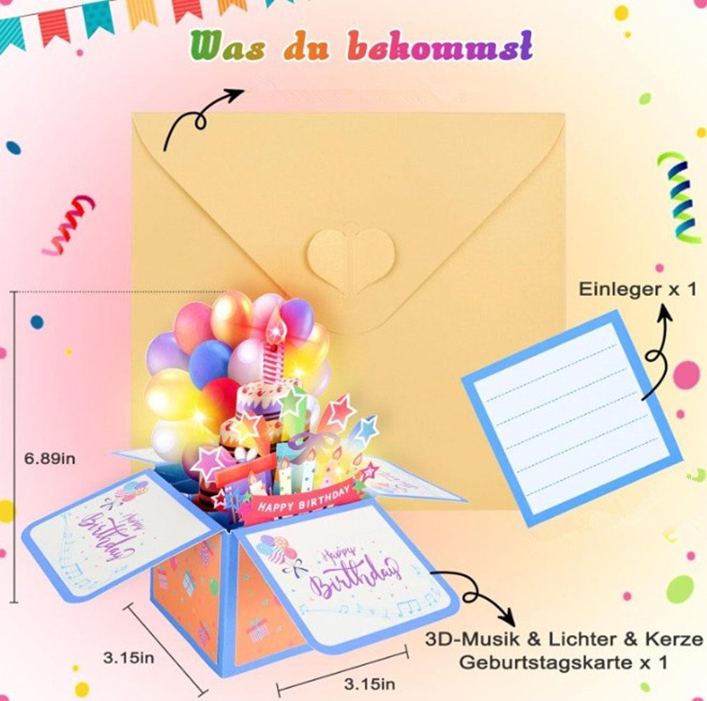 XDeer Grußkarten Geburtstagskarte,MUSIK & KERZE, & 3D blue Geburtstagskarten,Geburtstagsgeschenke Klappkarte LICHTER AUSBLASBARE