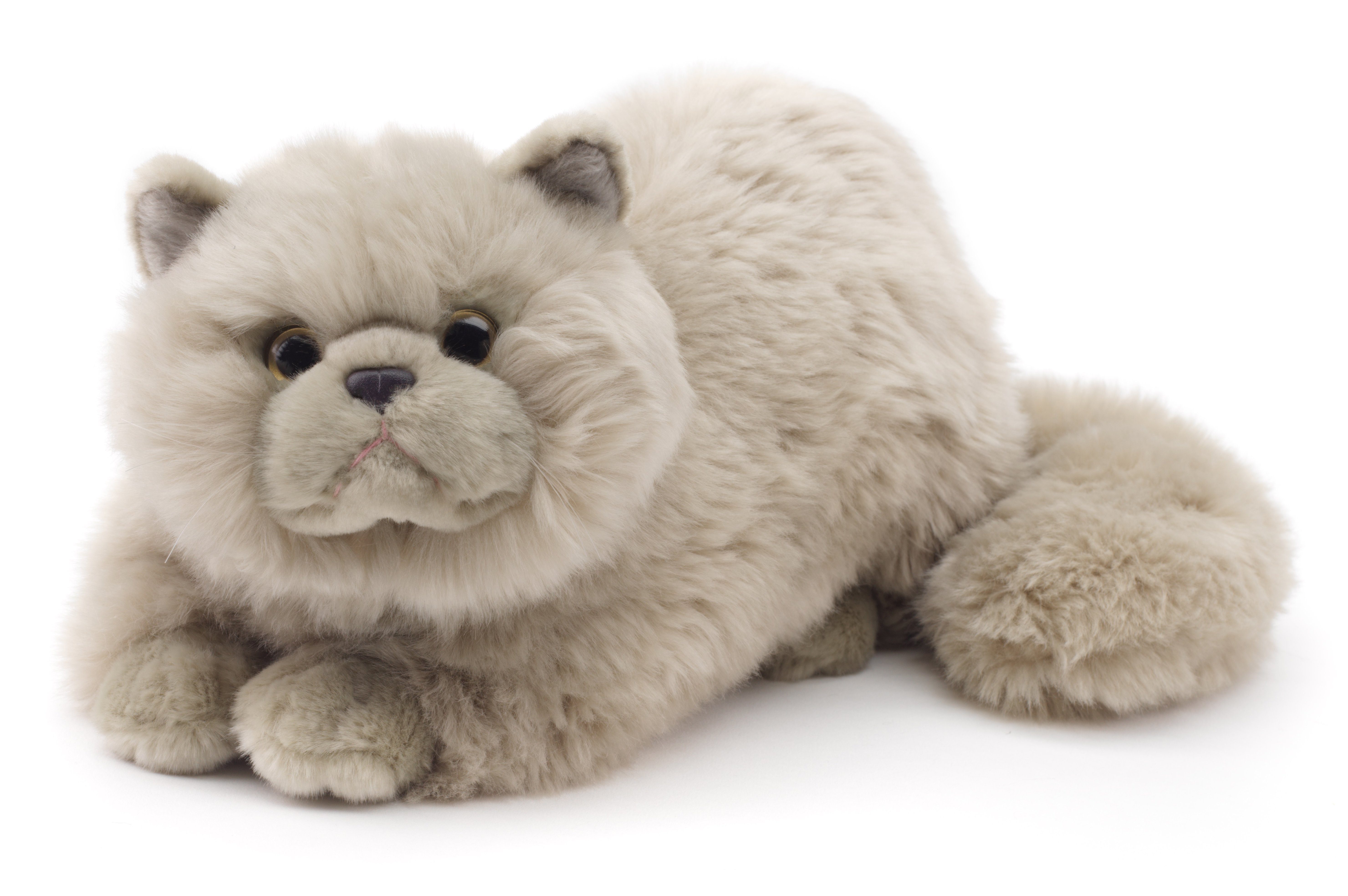 Uni-Toys Kuscheltier Perserkatze, liegend - 31 cm (Länge) - Plüsch-Katze, Plüschtier, zu 100 % recyceltes Füllmaterial grau