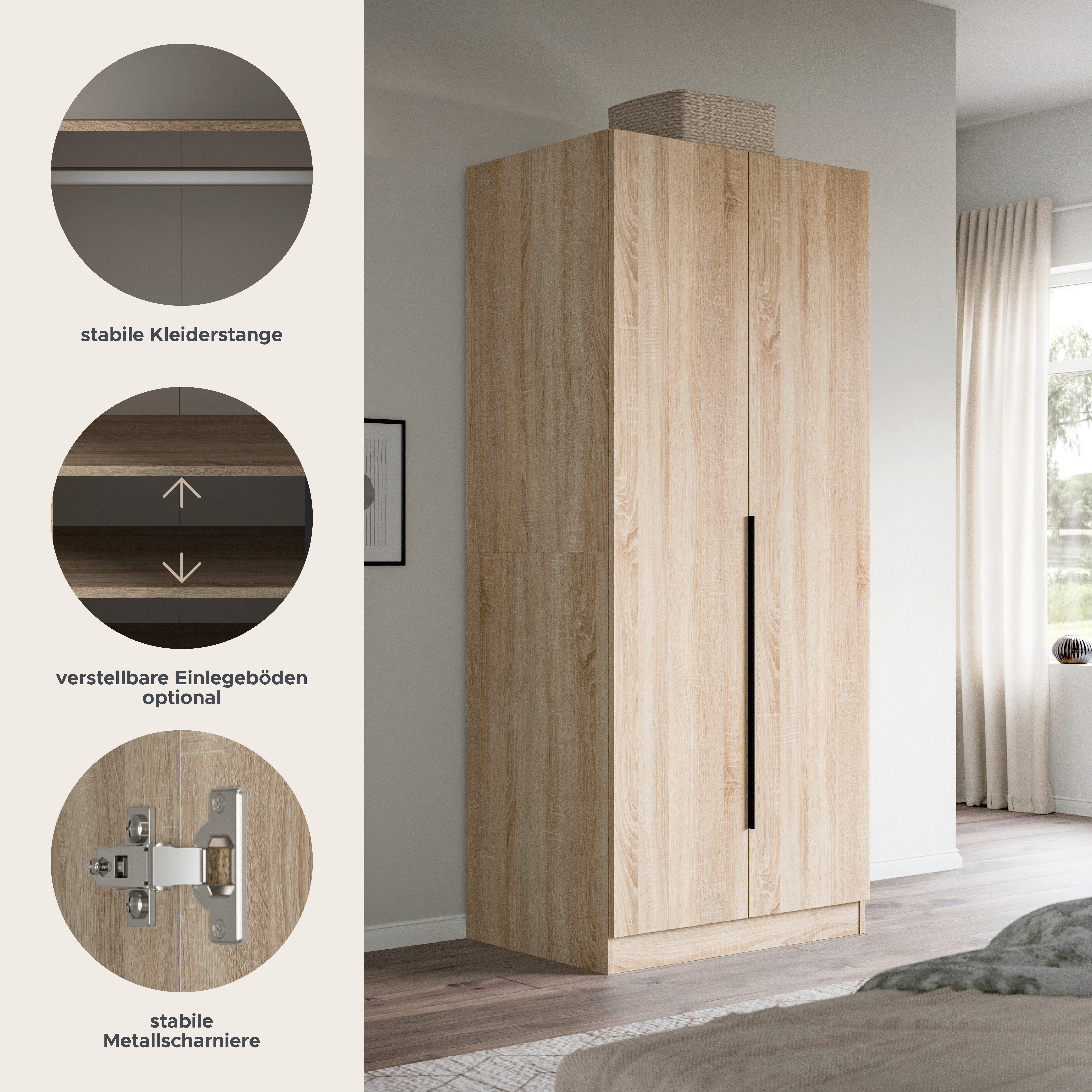 Home affaire Kleiderschrank Skarde Schlafzimmerschrank, Garderobe, Schrank (Otto Bestseller Garderobe Schlafzimmerschrank) Breite: 80 cm, Sonoma Eiche NB, Kleiderstange